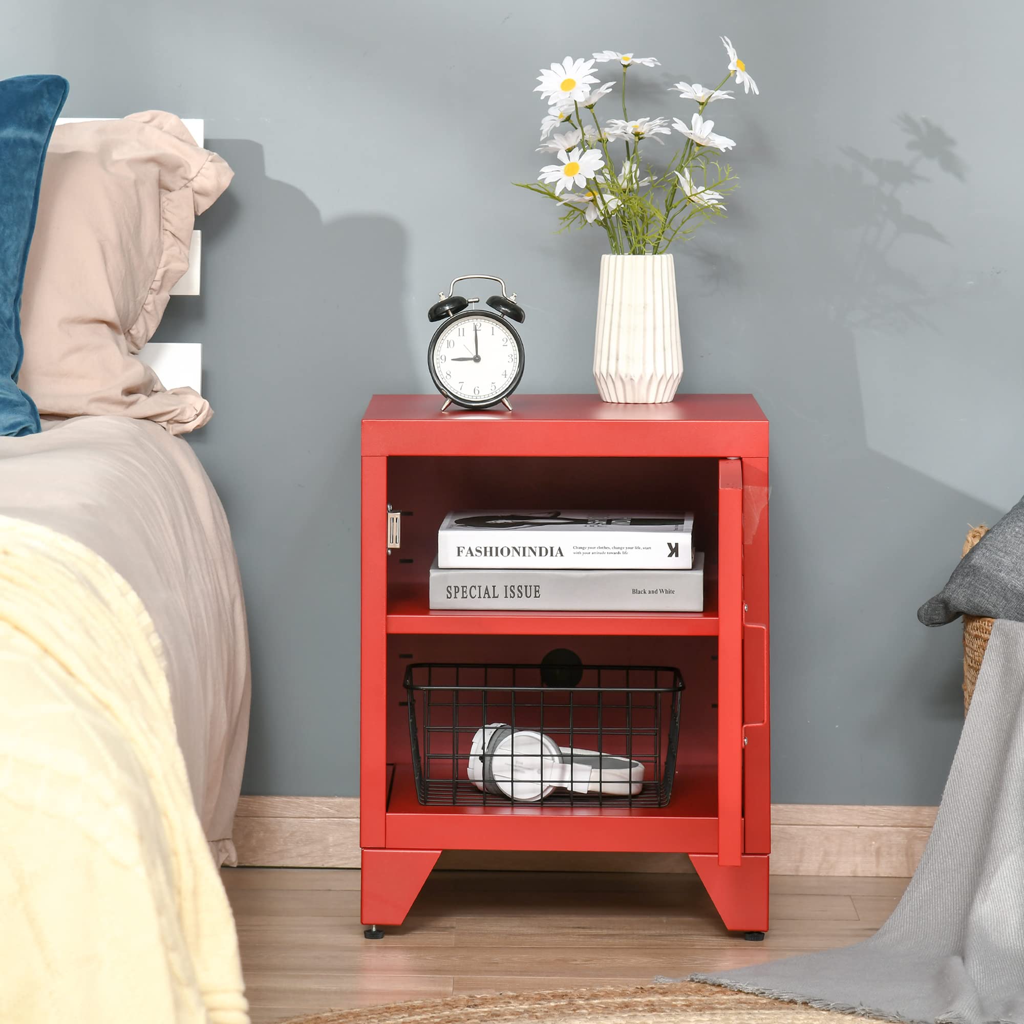 HOMCOM Industrial End Table with Locker-Style Door & Adjustable Shelf - Sturdy Living Room Side Table in Red | Perfect for Small Spaces, Bedroom, Dorm & Office Organization