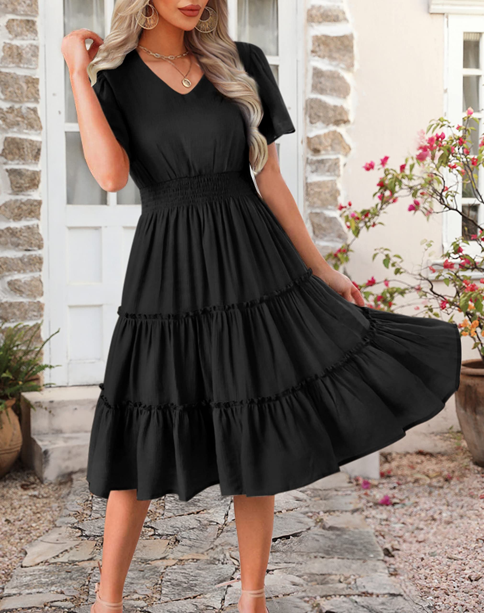 Zattcas Women's 2025 Spring Summer V-Neck Smocked Waist Flowy A-Line Tiered Midi Dress - Casual Work Office & Outdoor Party Wear