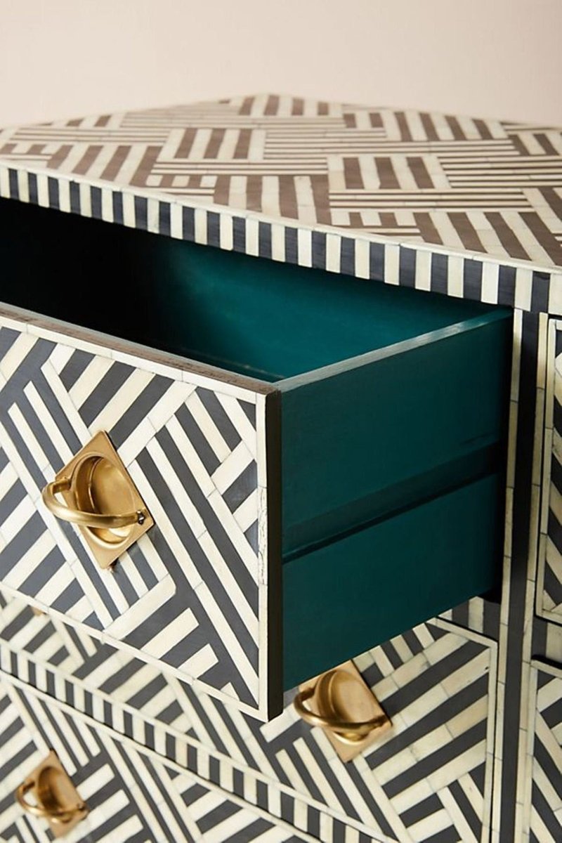 Handmade Bone Inlay 6-Drawer Black Chest - Vintage Boho Storage Cabinet for Bedroom, Living Room & Office Organization