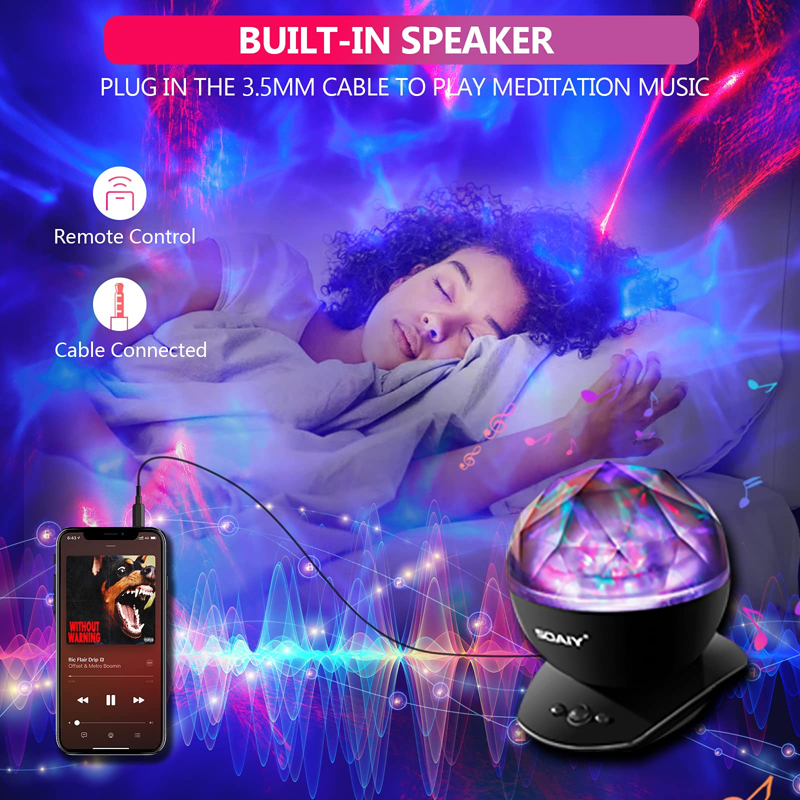 SOAIY Aurora Borealis Light Projector with Remote - 8 Lighting Modes, Built-in Speaker & Timer - LED Northern Lights Projector for Bedroom, Kids Room, Meditation & Relaxation - Perfect for Adults, Teens & Children