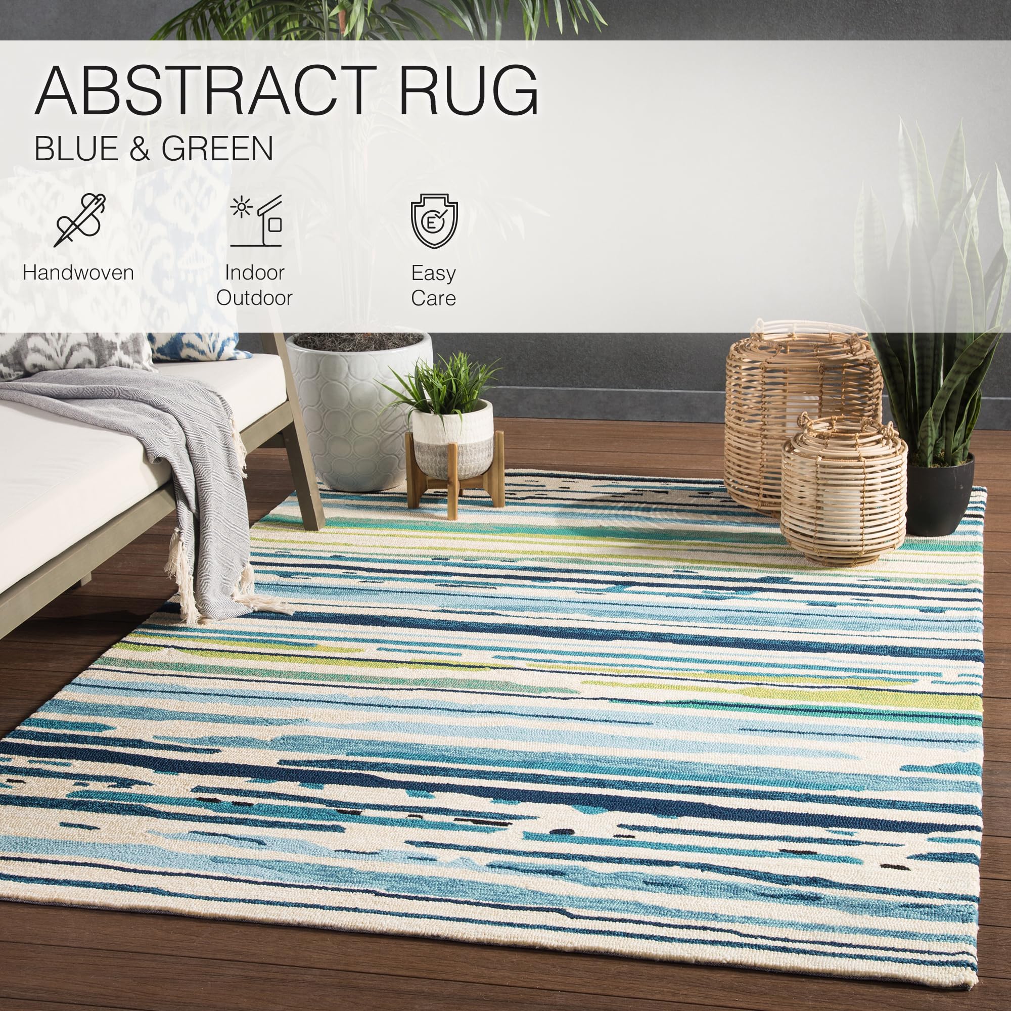 Jaipur Living 5x8 Outdoor Area Rug - Blue & Green Striped Patio Rug for Deck, Balcony, or Backyard Decor