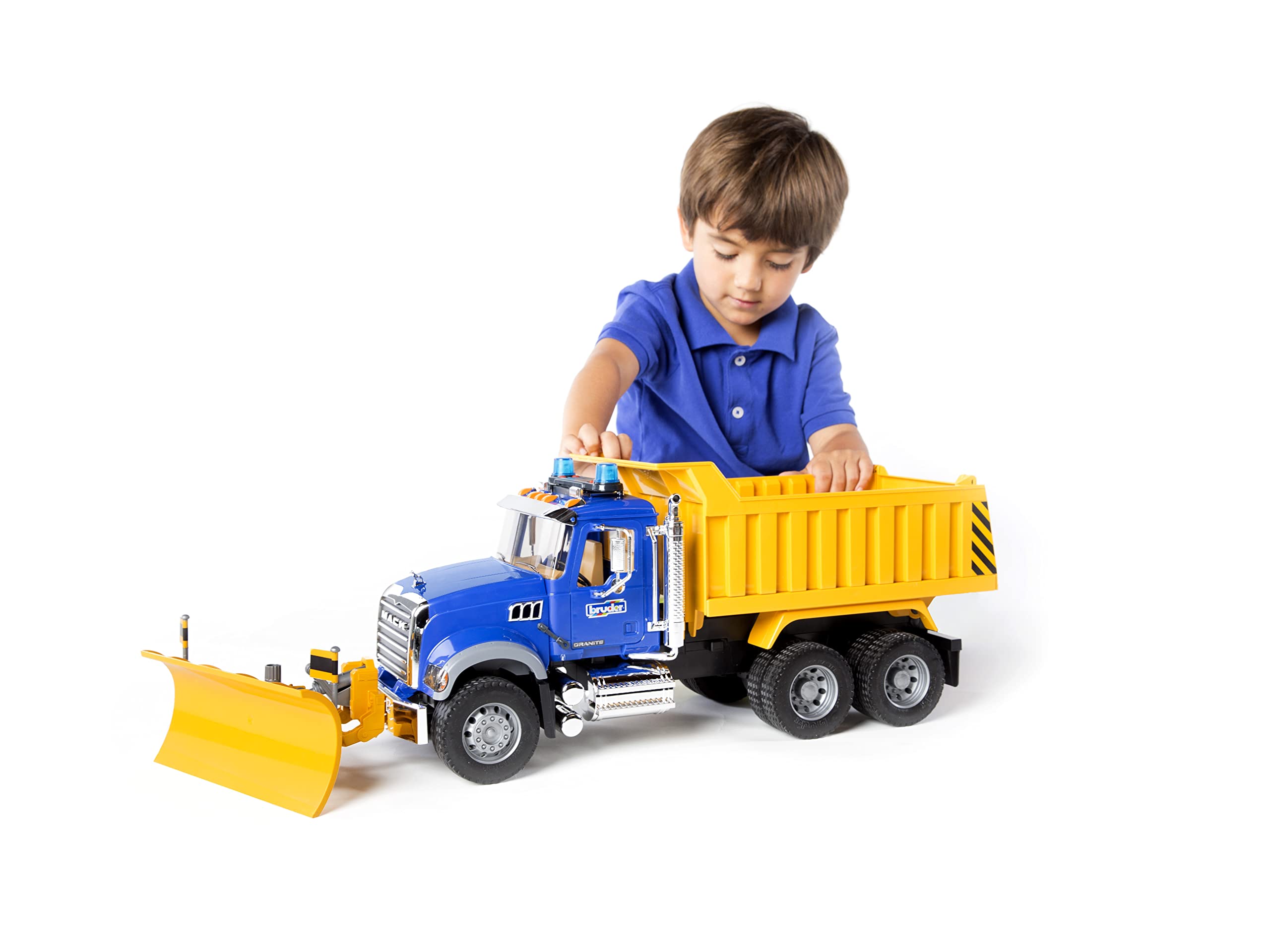 Bruder 02825 Mack Granite Dump Truck with Snow Plow Blade - Construction & Farm Toy for Kids with Light & Sound - Pretend Play Vehicle for Indoor & Outdoor Use