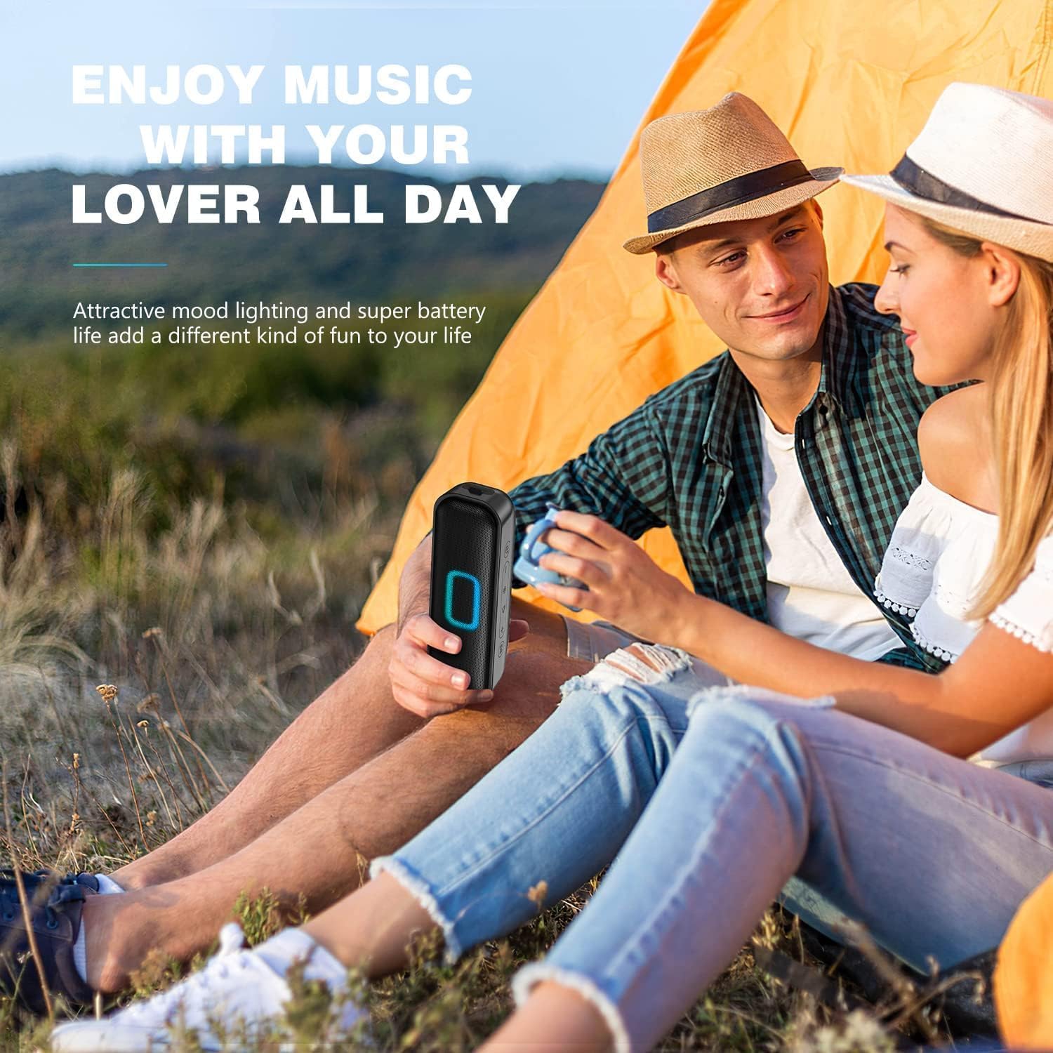 20W Portable Bluetooth Speaker with Stereo Sound, IPX7 Waterproof Wireless Speaker - TWS Pairing, Multi-Color LED Lights, 15H Playtime for Parties, Shower, Beach, Camping & Outdoor Activities
