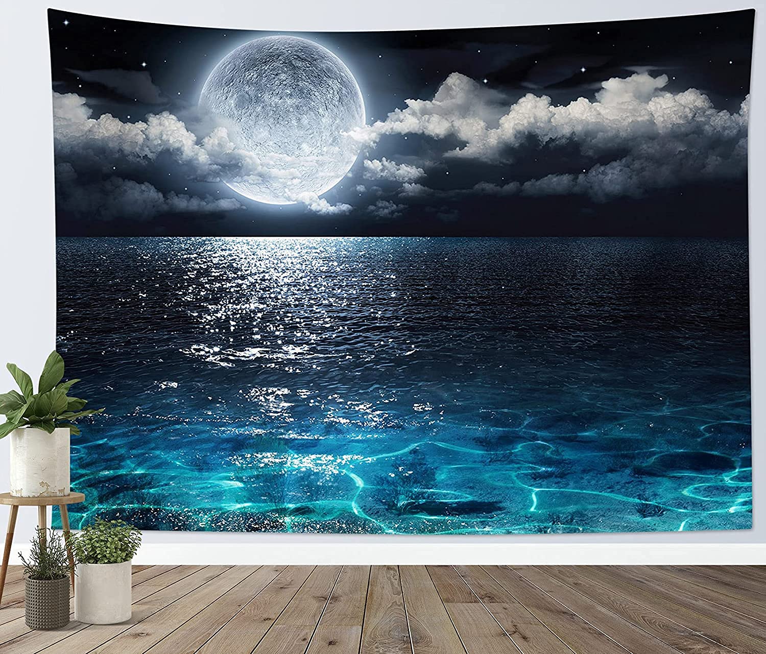 HVEST Ocean Tapestry Night Sky Wall Hanging - Moon Over Blue Ocean Natural Scenery, 48x36 Inches, Perfect for Living Room, Bedroom, Teen Dorm, and Outdoor Picnic Decor