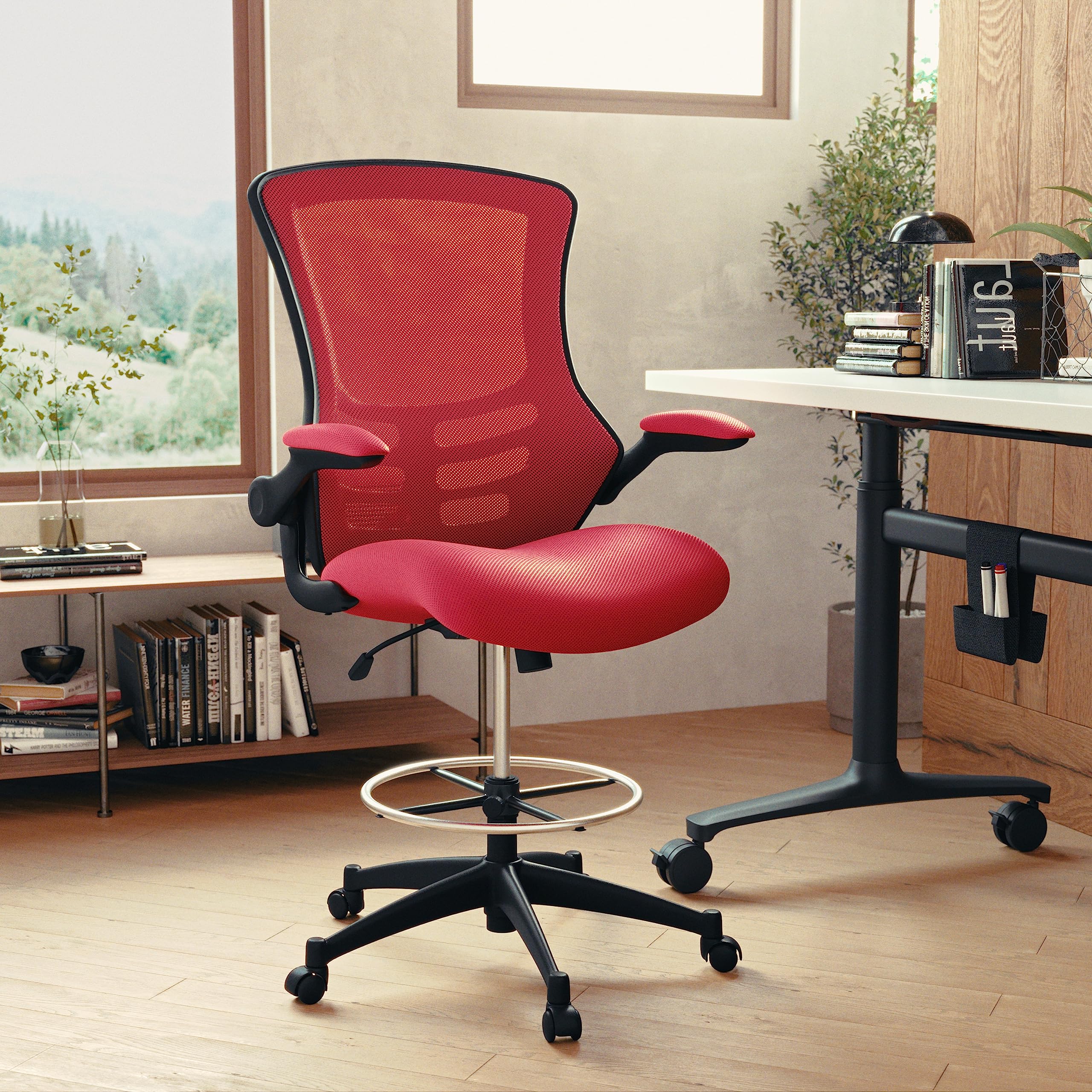 Ergonomic Mid-Back Red Mesh Drafting Chair with Adjustable Foot Ring & Flip-Up Arms - Perfect for Office, Gaming & Home Workspaces