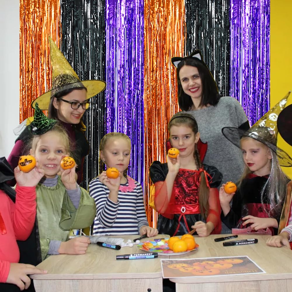 BEISHIDA 3 Pack Tinsel Curtain Party Streamers - Halloween Door Decor, Foil Fringe Backdrop for Parties (3.28ft x 6.56ft) | Orange, Black, Purple | Perfect for Halloween, Birthday, Wedding & Photo Booth Backgrounds