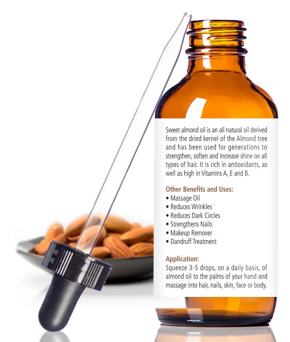 Organic Sweet Almond Oil for Skin & Hair - 4 oz Cold Pressed Unrefined Moisturizer in Glass Dropper Bottle | Natural Body Massage & Skincare Essential | Perfect for Dry Skin Care, Hair Treatment & Aromatherapy
