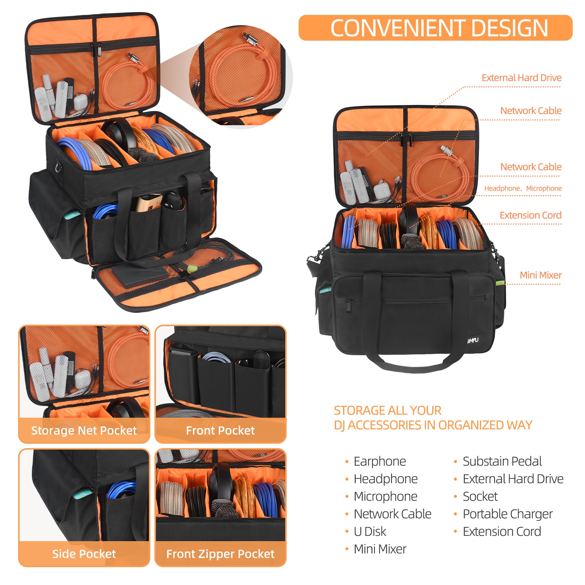 Professional DJ Equipment Bag - High Capacity Gig Gear Organizer with Detachable Padded Dividers | Storage for USB Cables, Sound Equipment & Musician Accessories | Perfect for Travel, Live Performances & Studio Sessions