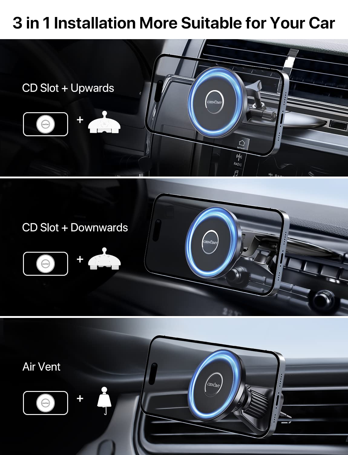 Magnetic CD Slot Phone Holder for iPhone 16/15/14/13/12 Pro Max Plus - Built-in Steel Plate & Stable Vent Hook Car Mount - Perfect for Hands-Free Navigation & Safe Driving