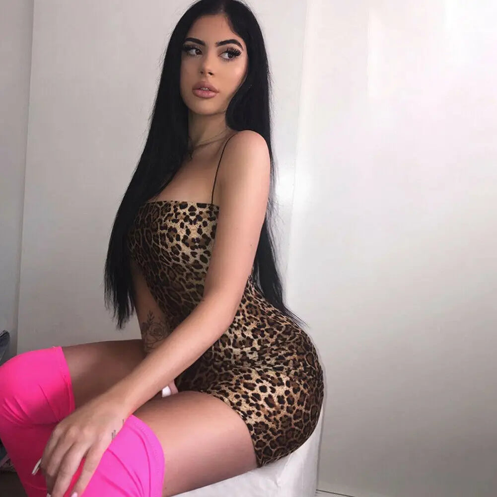 Sexy Women's Bodycon Mini Dress - Spaghetti Strap Sleeveless Leopard Print Beach Dress | Perfect for Summer Vacation, Pool Party & Night Out