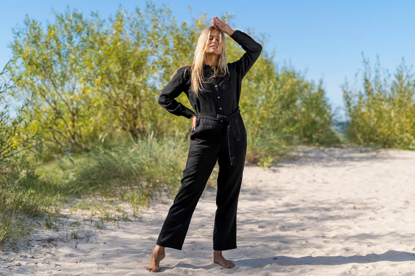 Linen Jumpsuit for Women - LUGANO Black Romper with Pockets | Casual Summer Outfit, Beach Cover-Up, and Travel Essential
