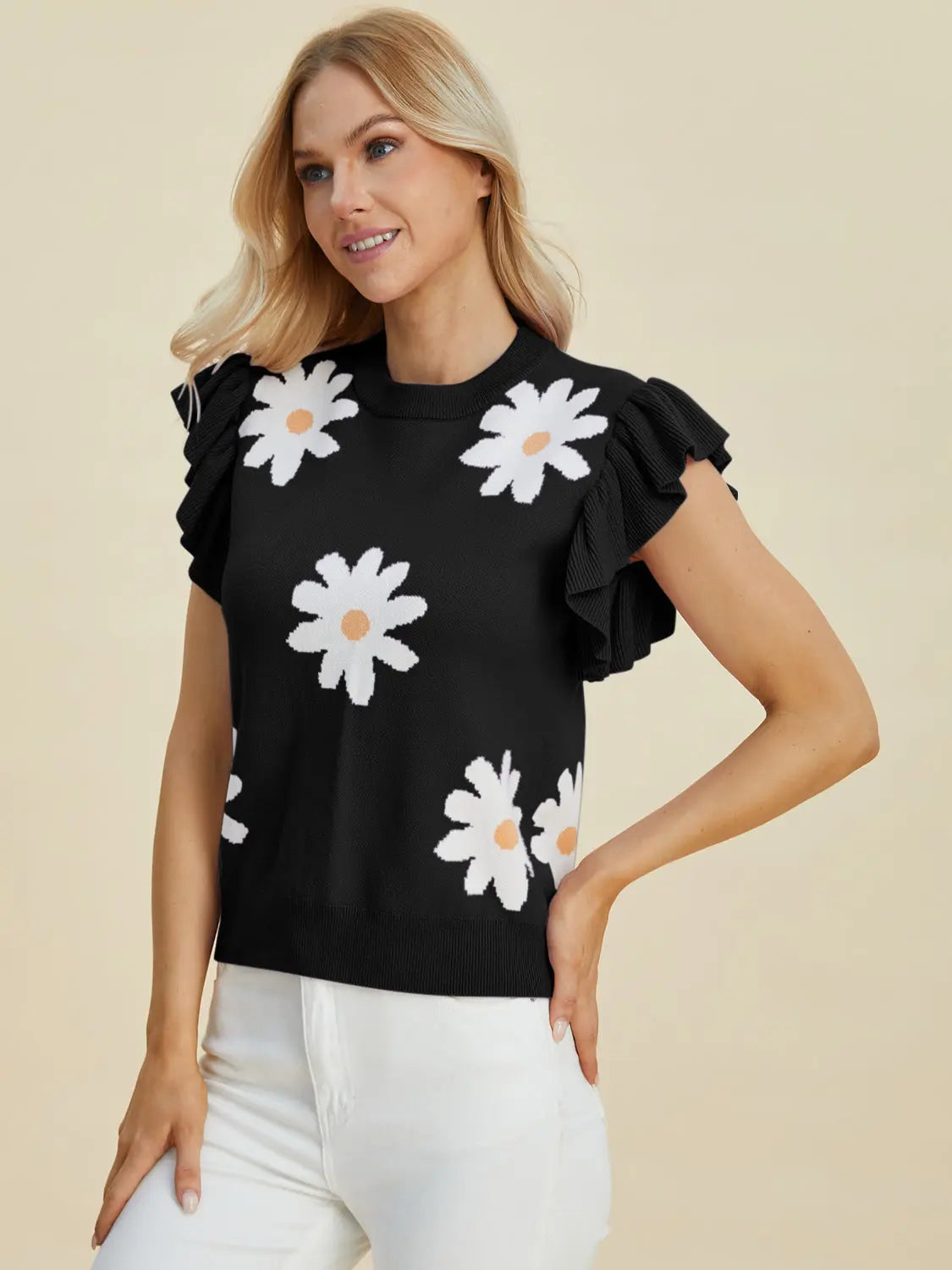 Double Take Full Size Ruffled Flower Round Neck Cap Sleeve Sweater - Women's Floral Knit Top for Casual Wear, Date Night & Office Outfits