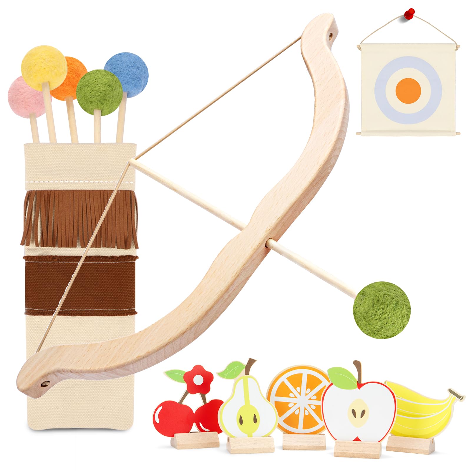 Safe Wooden Bow and Arrow Set for Kids Ages 3+ | Indoor & Outdoor Archery Toy with 5 Arrows, 5 Fruit Targets & Cotton Quiver | Perfect Birthday Gift for Boys & Girls | Fun Backyard Games & Pretend Play