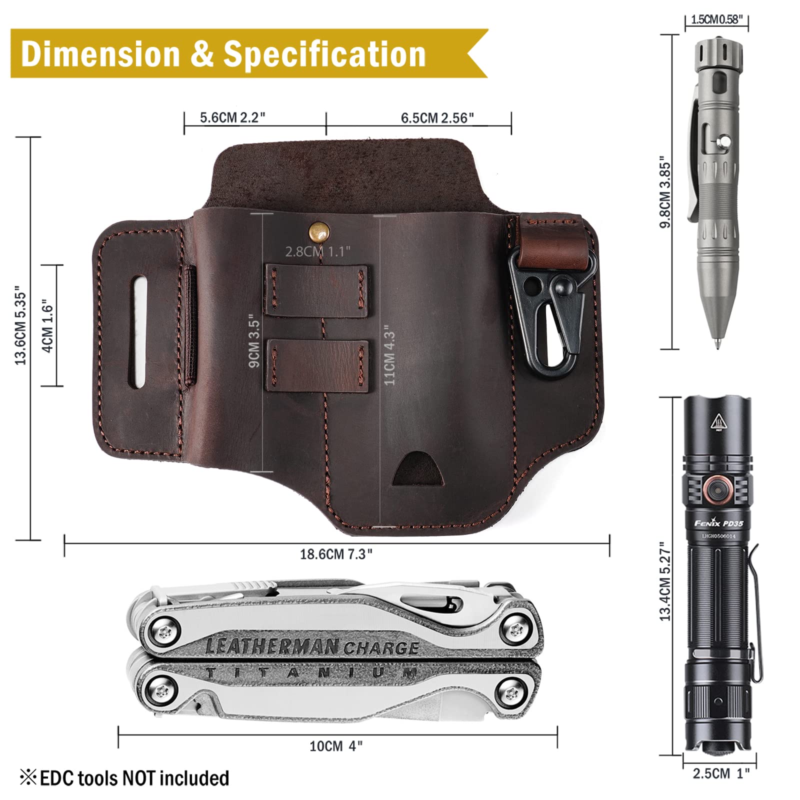 VIPERADE PJ35 Leather Multitool Sheath for Belt - EDC Pocket Organizer for Men - Durable Tactical Gear Accessory - Perfect for Outdoor, Camping & Everyday Carry (EDC)