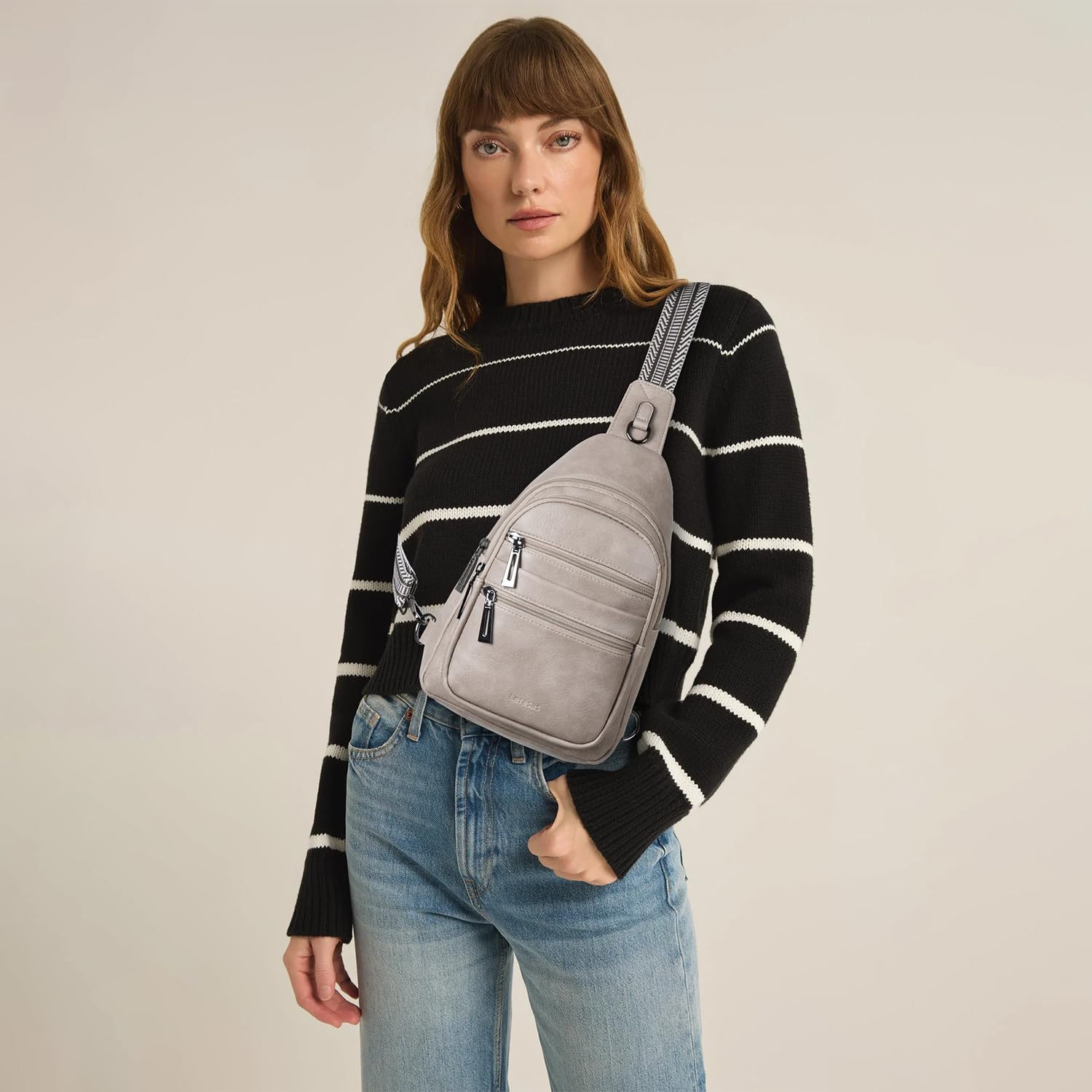 Stylish Vegan Leather Crossbody Sling Bag for Women - Light Grey Fanny Pack Shoulder Purse Backpack for Travel, Gym, Hiking & Daily Use