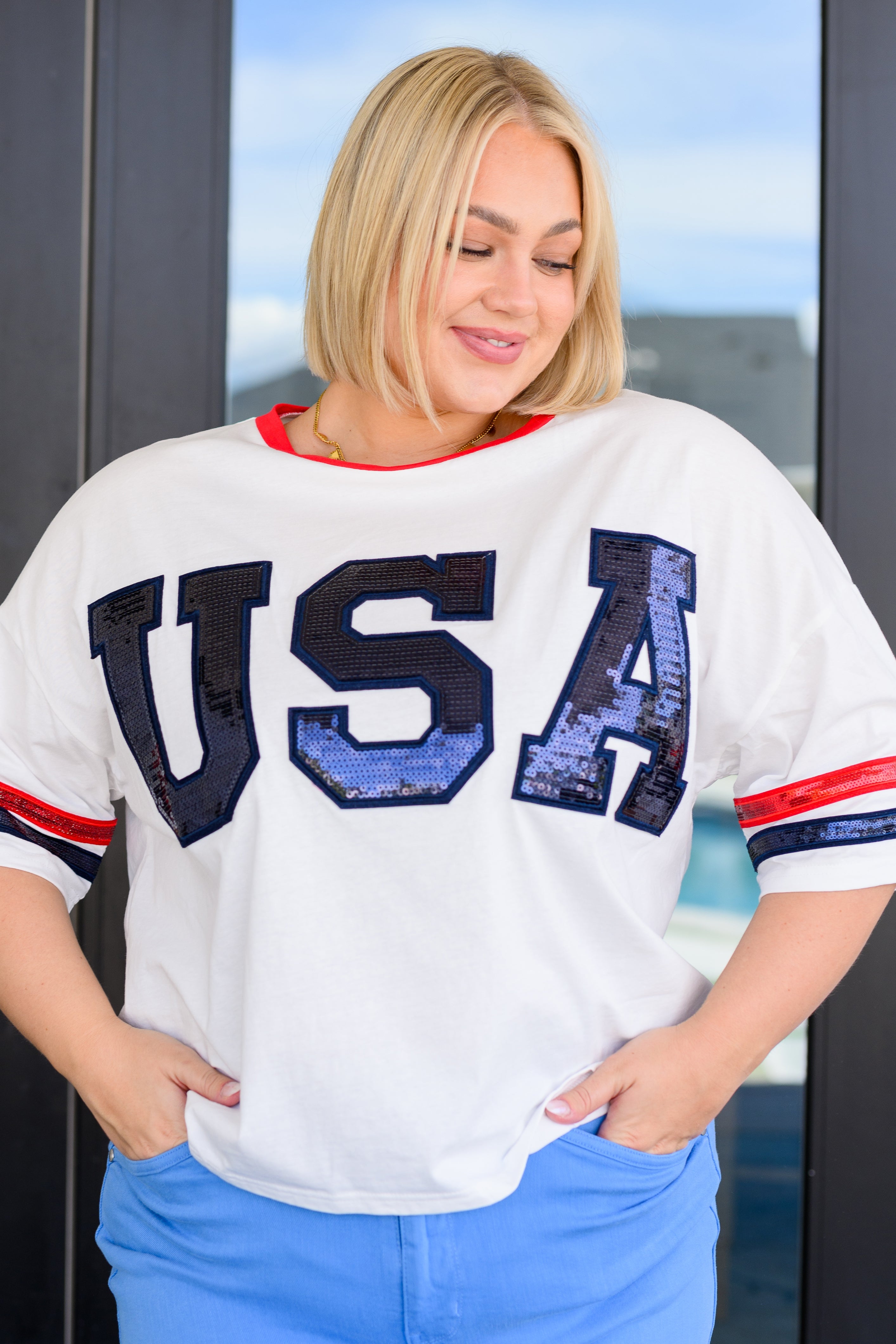 Party In The USA Drop Shoulder Tops for Women - Trendy Off Shoulder Blouse for Summer Parties, Concerts & Night Out