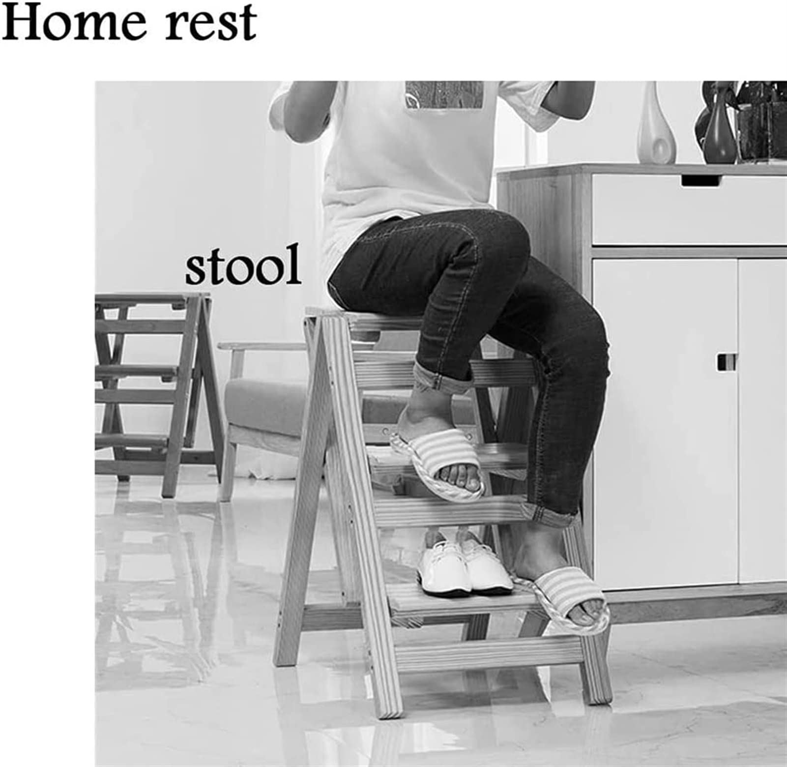 3-Step Wooden Folding Step Stool for Indoor Use - Multifunctional Ladder Stool with Non-Slip Feet - Perfect for Kitchen, Bathroom, and Home Organization