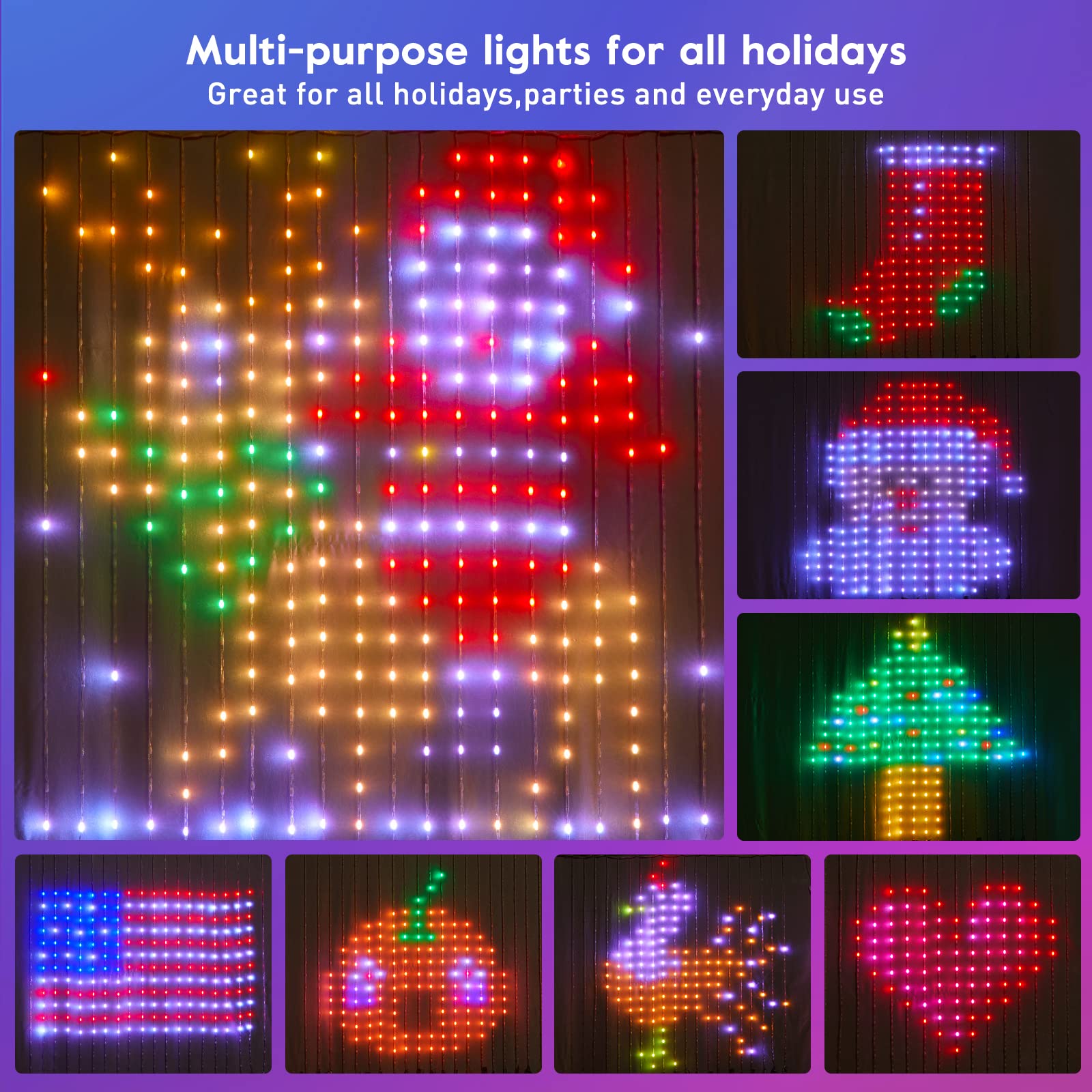 Brightown Smart Curtain String Lights - 400 LED App Controlled Fairy Lights with Music Sync & Remote, DIY Programmable Patterns & Text for Valentine's Day, Christmas, Wedding, Party - Perfect for Indoor & Outdoor Holiday Decorations, Bedroom, Garden, Patio, and Special Events Lighting