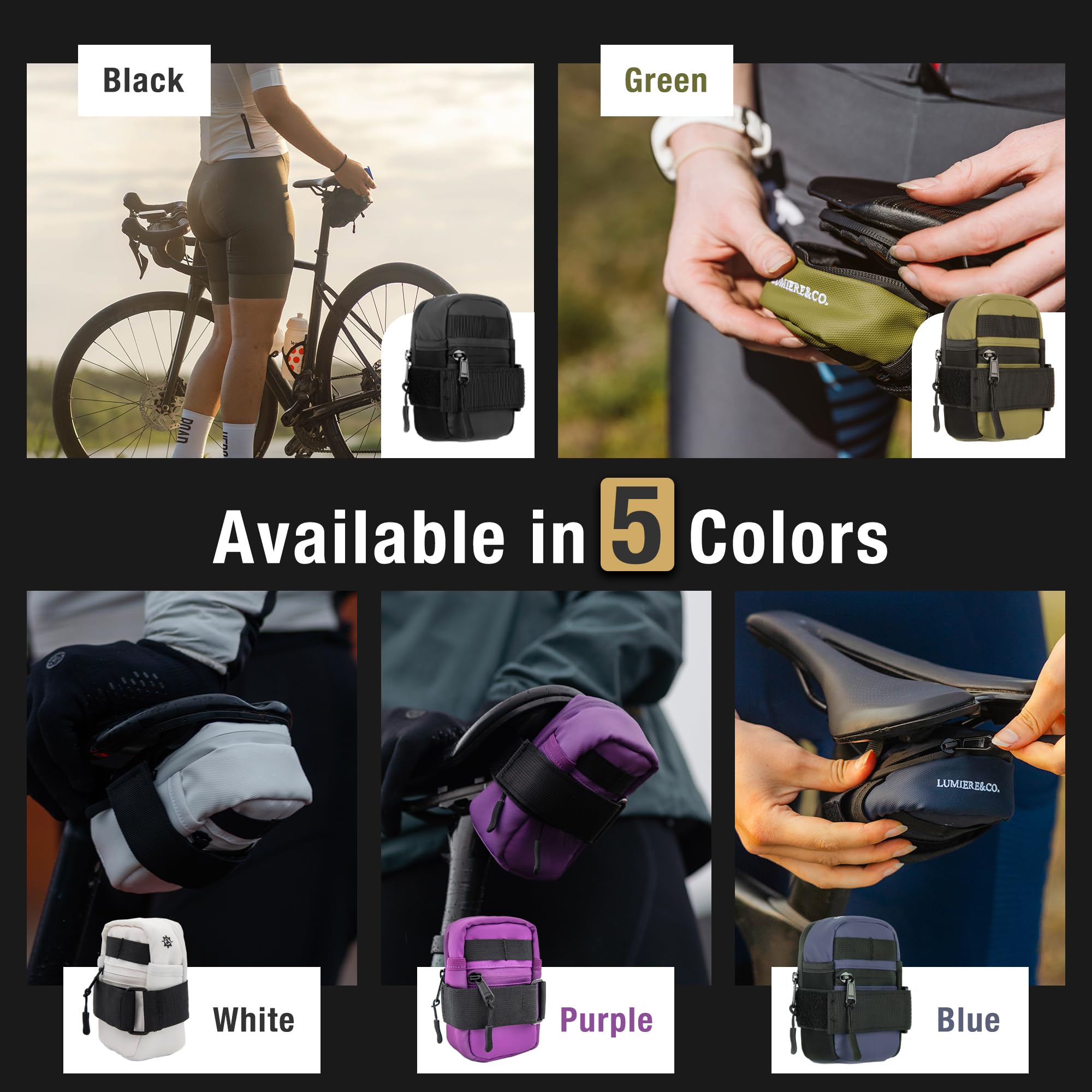 Lumiere & Co. Waterproof Bike Saddle Bag - Compact Under Seat Bicycle Storage for Road & Mountain Bikes - Perfect for Cycling, Commuting & Outdoor Adventures
