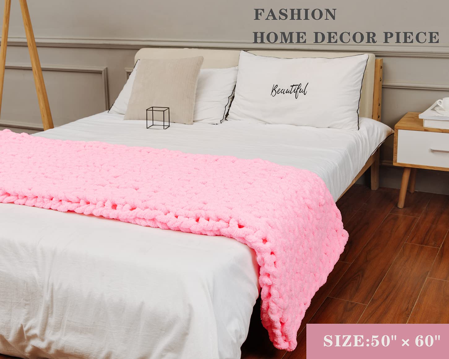 Alzoear Chunky Knit Throw Blanket - Chenille Handmade Cozy Warm Blanket for Sofa, Bed, Couch & Home Decor - Soft Luxurious 50x60 Inch Blanket for Winter, Gift Giving & Cozy Evenings (Bright Pink)