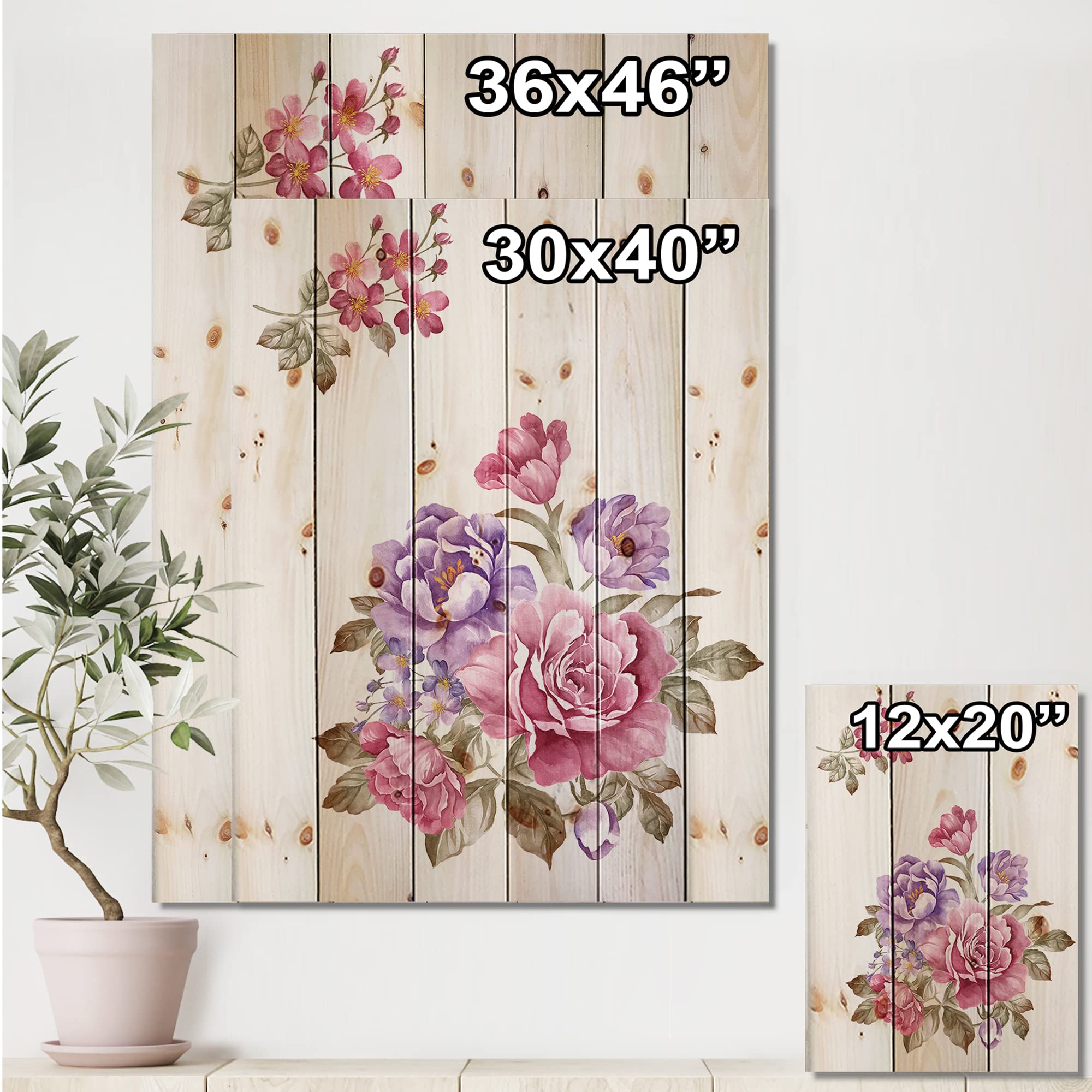 Farmhouse Wood Wall Decor - Pink and Purple Floral Bouquet Wall Art, Large Printed Pine Wood Panels for Home & Office Decoration | Perfect for Living Room, Bedroom, or Wedding Backdrop