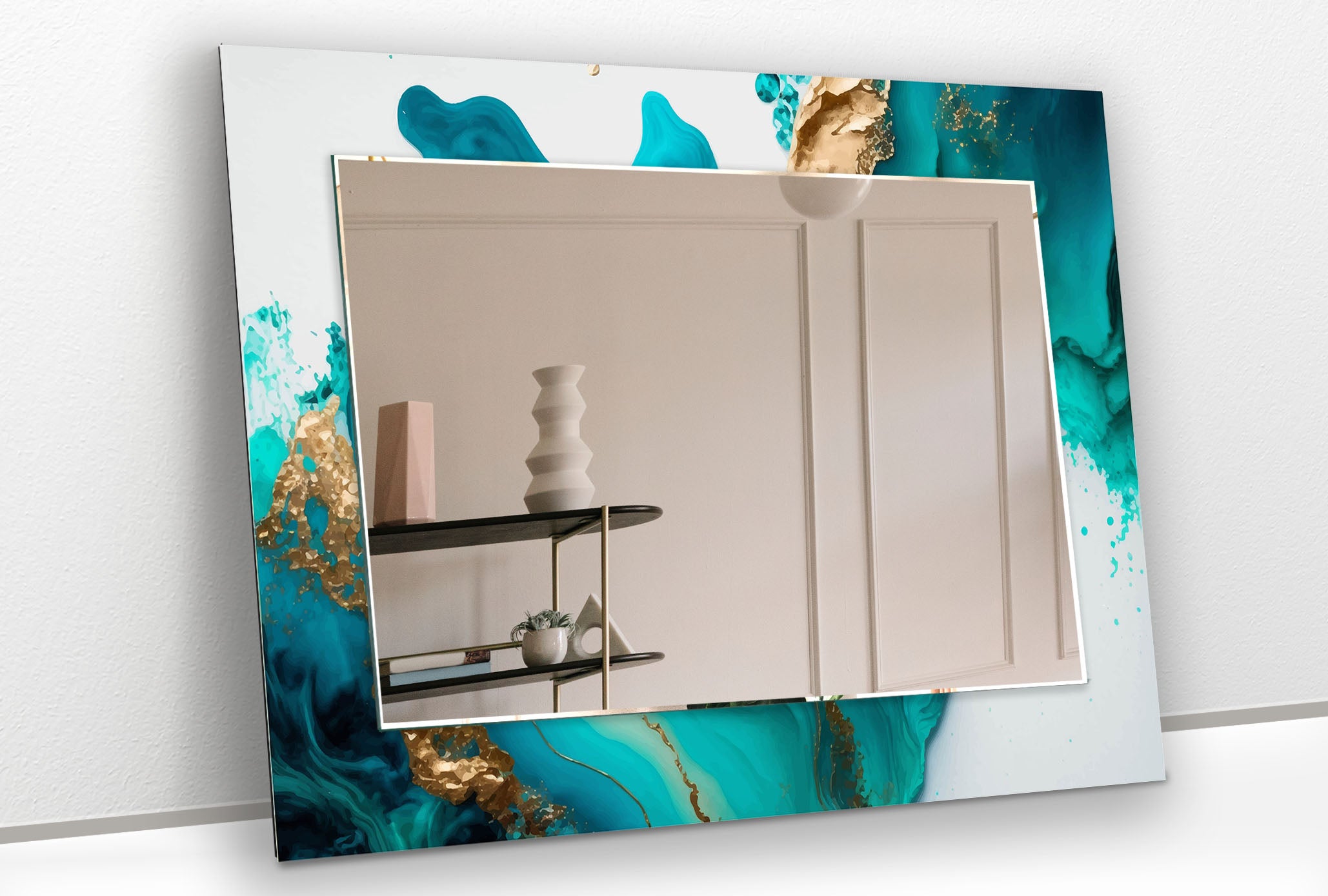 Aqua Marble Glass Wall Mirror with Turquoise Abstract Frame - Elegant Bathroom & Bedroom Decor for Modern Homes