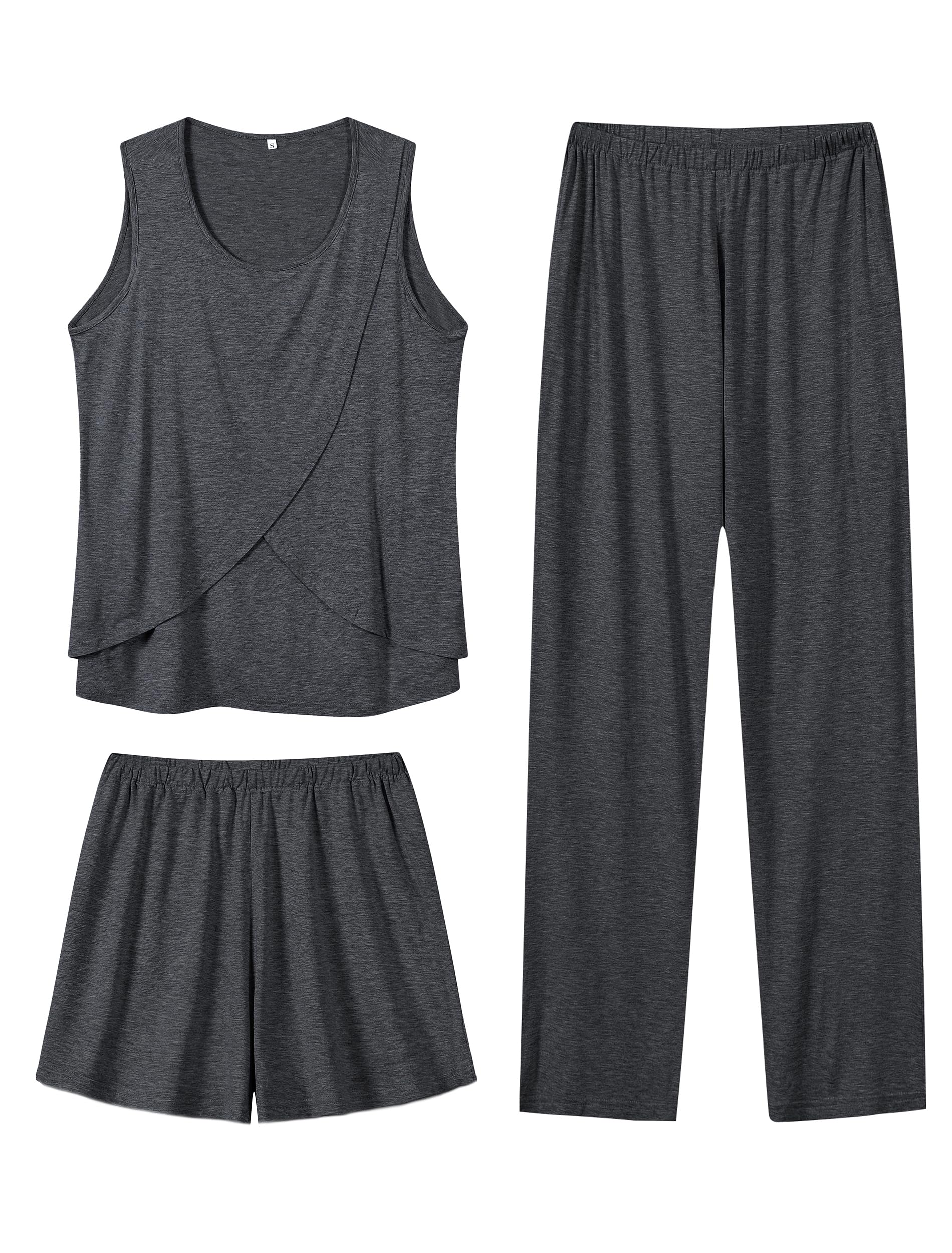 SWOMOG Women's Maternity Pajama Set - 3 Piece Nursing Sleepwear with Sleeveless Top, Pants & Robe | Double Layer Breastfeeding Pajamas with Pockets | Perfect for Pregnancy Comfort & Postpartum Care