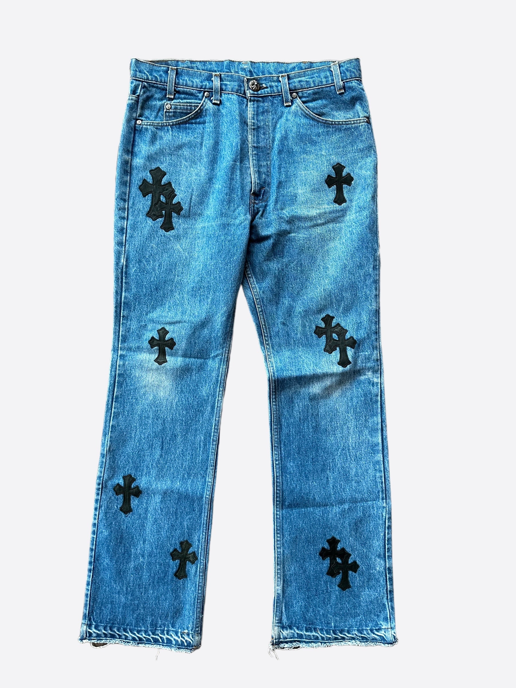 Chrome Hearts x Levi's Blue & Black Cross Patch Denim Jeans for Men - Stylish Vintage Streetwear for Casual Outfits and Night Out
