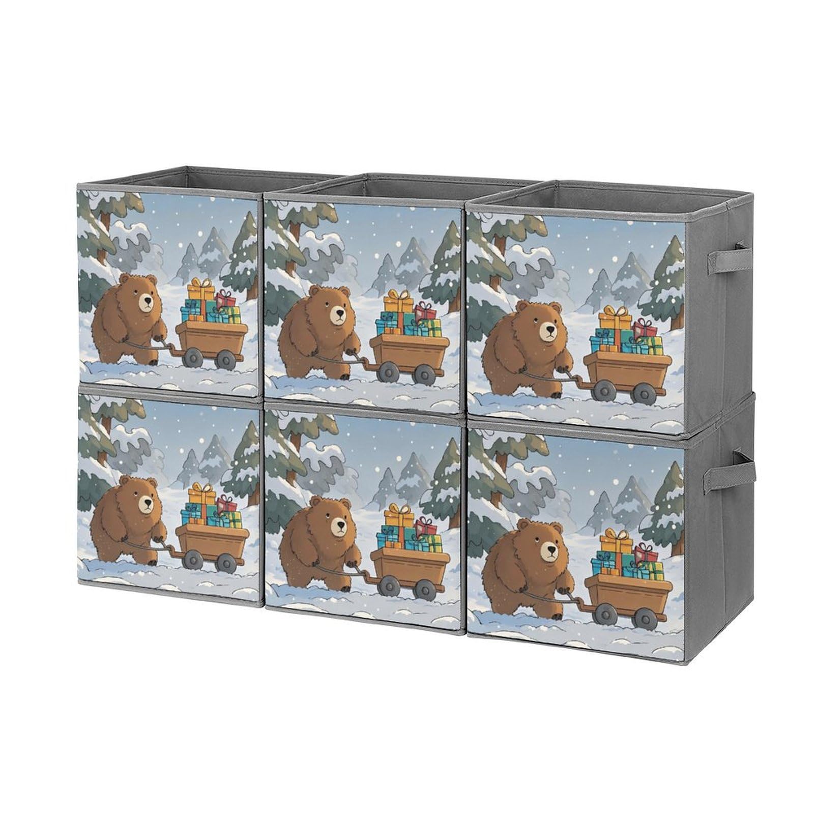 6PCS Foldable Storage Bins with Handles - Large Capacity Bear Printed Storage Boxes & Cubes for Playroom, Office, Home Organization - Perfect for Kids' Toys, Books, Clothes & Household Items Storage