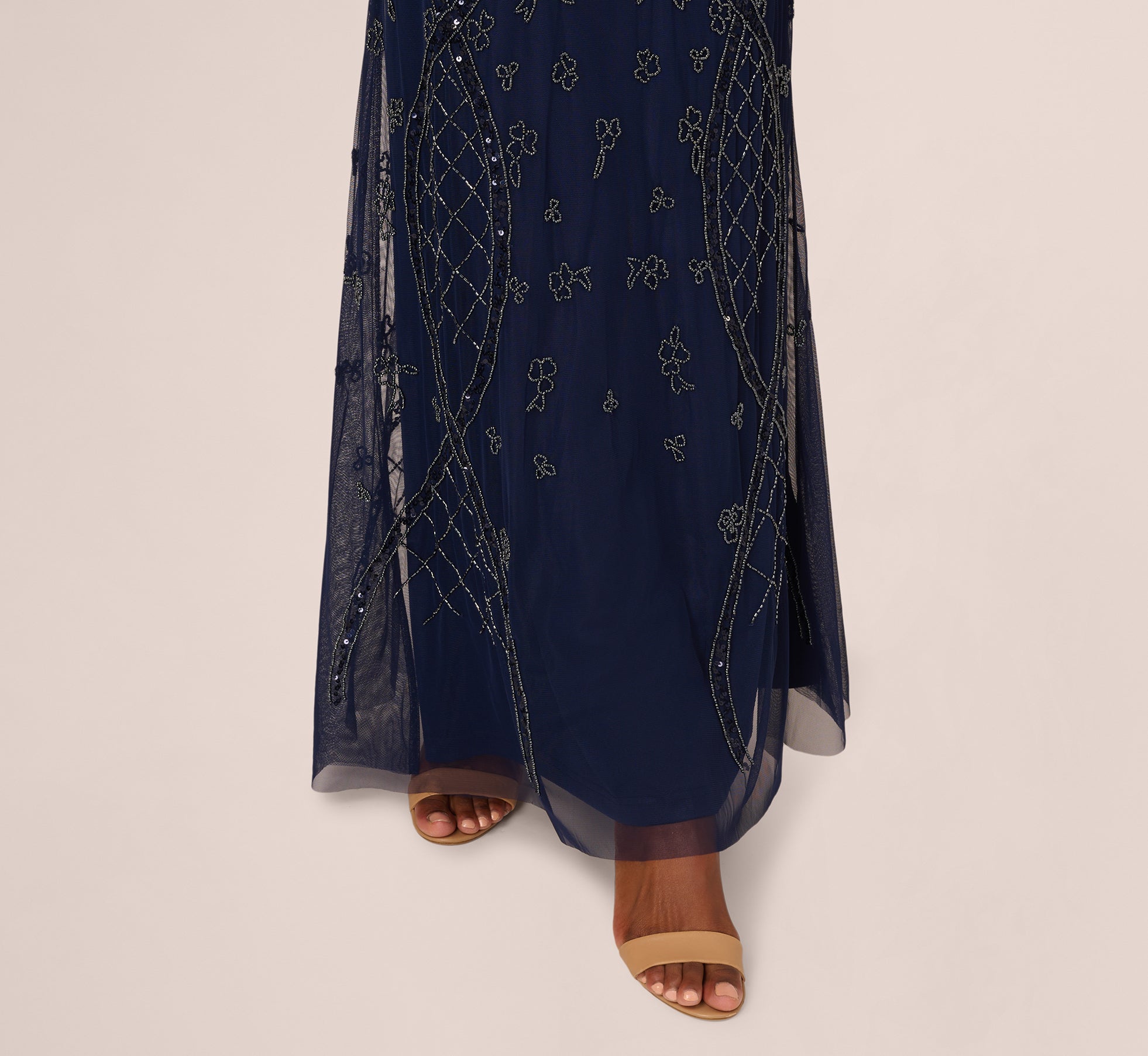 Light Navy Sequin Beaded Evening Gown with Sheer Cape Sleeves - Perfect for Prom, Gala & Formal Events