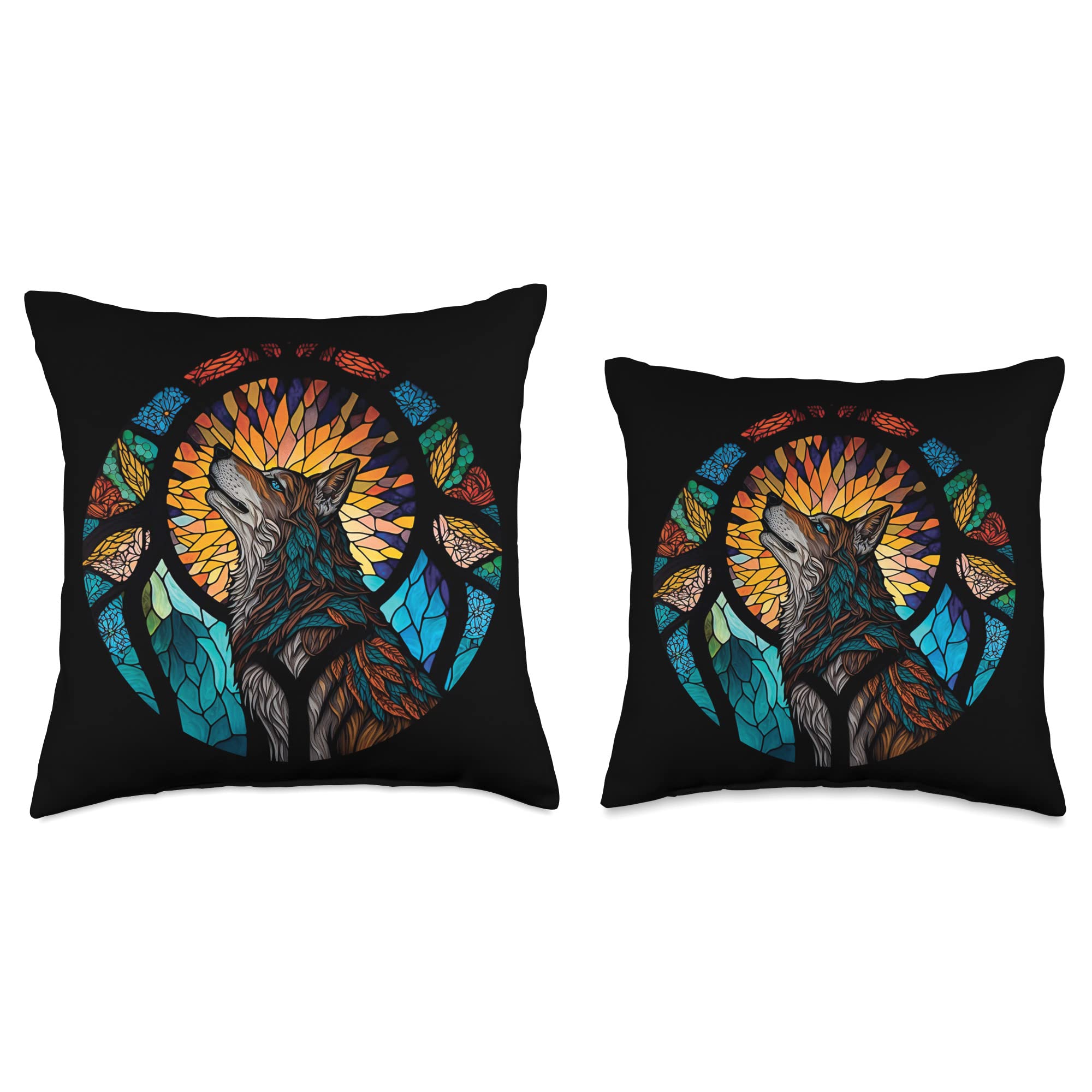 Stained Glass Wolf Throw Pillow - Moon Howling Art for Home Decor