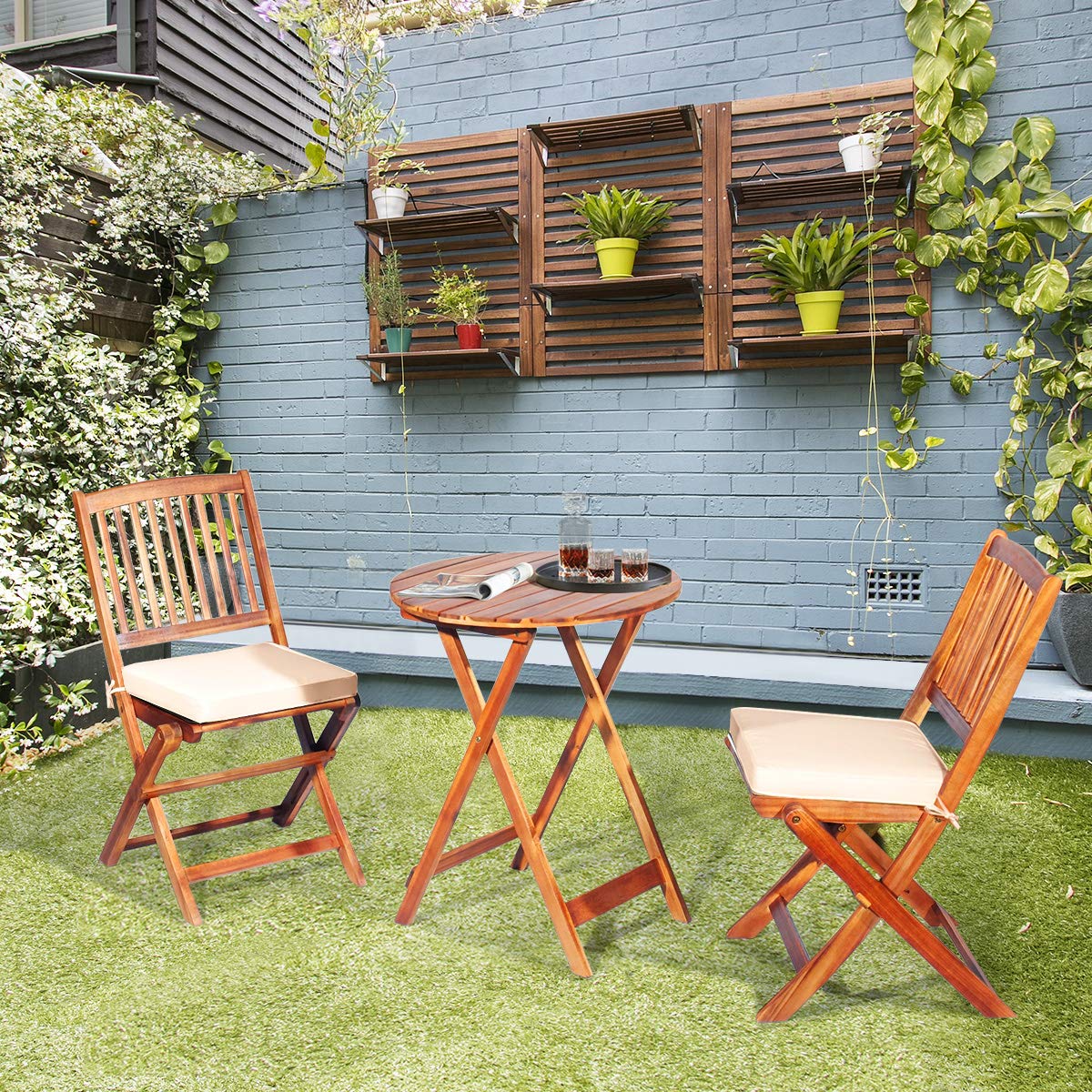 Giantex 3-Piece Patio Bistro Set - Wooden Folding Table with 2 Cushioned Chairs, Outdoor Garden Furniture for Yard, Deck, or Balcony - Natural & Beige Round Table Set for Relaxing, Dining, or Entertaining Guests