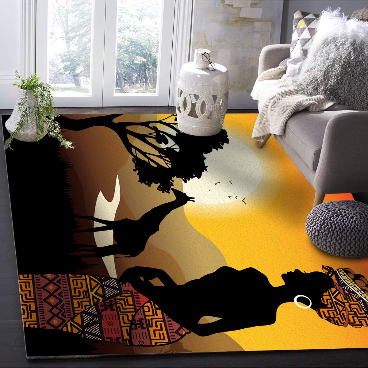 African Black Art Lady Giraffe Nature Print Rectangle Area Rug - Ultra Soft 3'x5' Indoor Floor Mat for Bedroom, Living Room - Perfect for Boho Decor & Cozy Home Accents