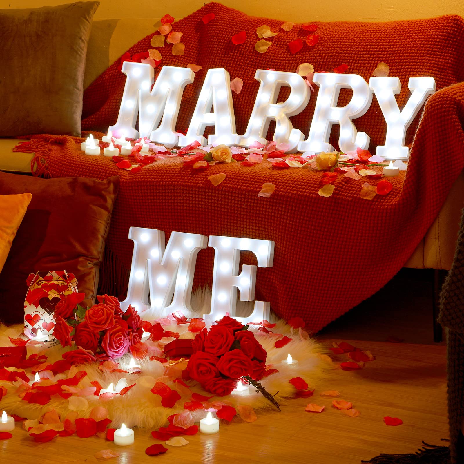LED Light Up Marry Me Sign - Proposal Decor with Rose Petals & 24 LED Candles - Romantic Wedding Engagement Valentine's Party Decorations - Perfect for Surprise Proposals, Anniversary Celebrations & Romantic Nights
