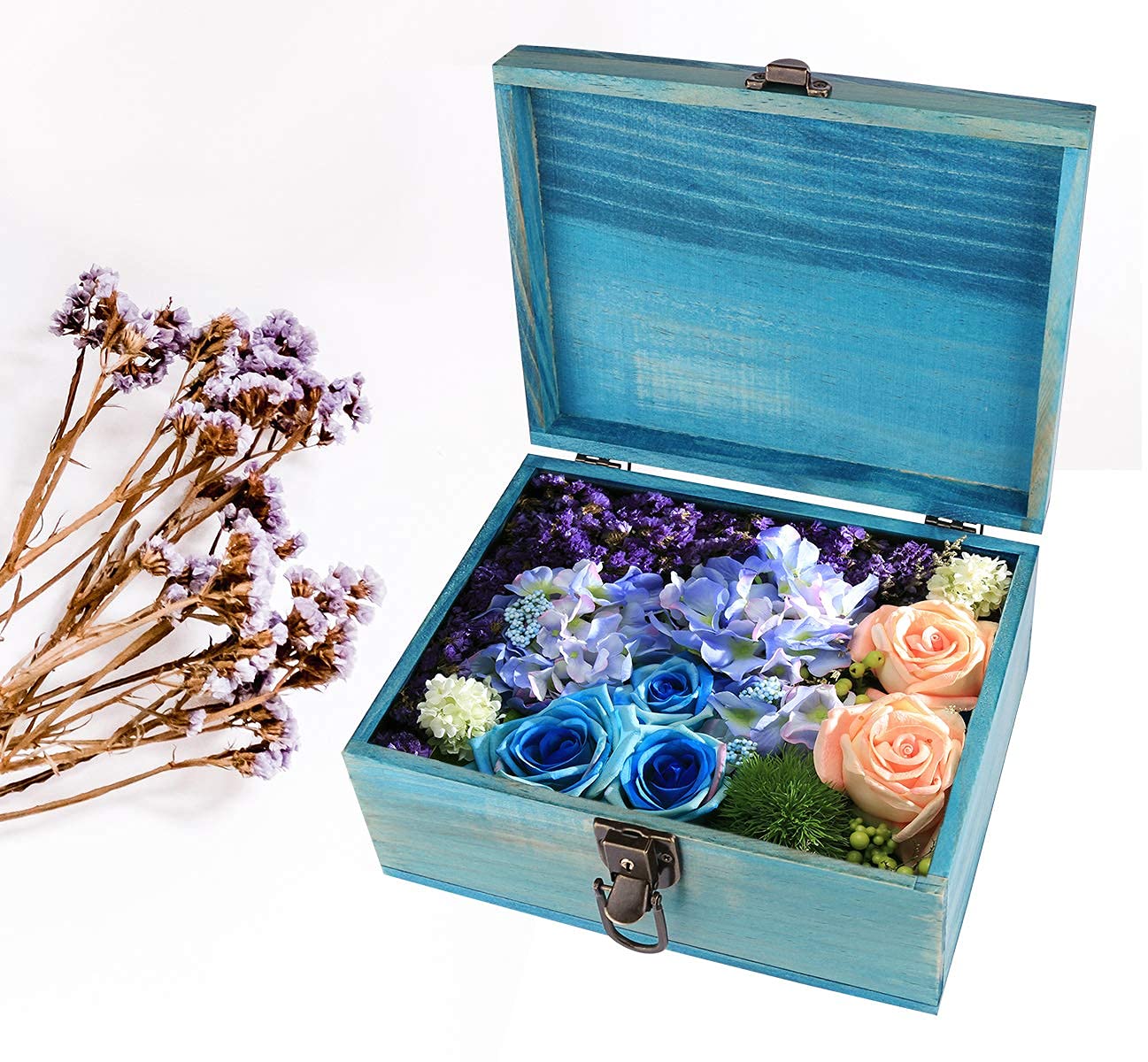 Handmade Blue Wooden Keepsake Box with Lock - Decorative Jewelry Storage Box for Gifts, Home Decor & Organizing - 9.3x7.6x4.5 Inch - Perfect for Wedding Rings, Heirlooms & Keepsake Storage