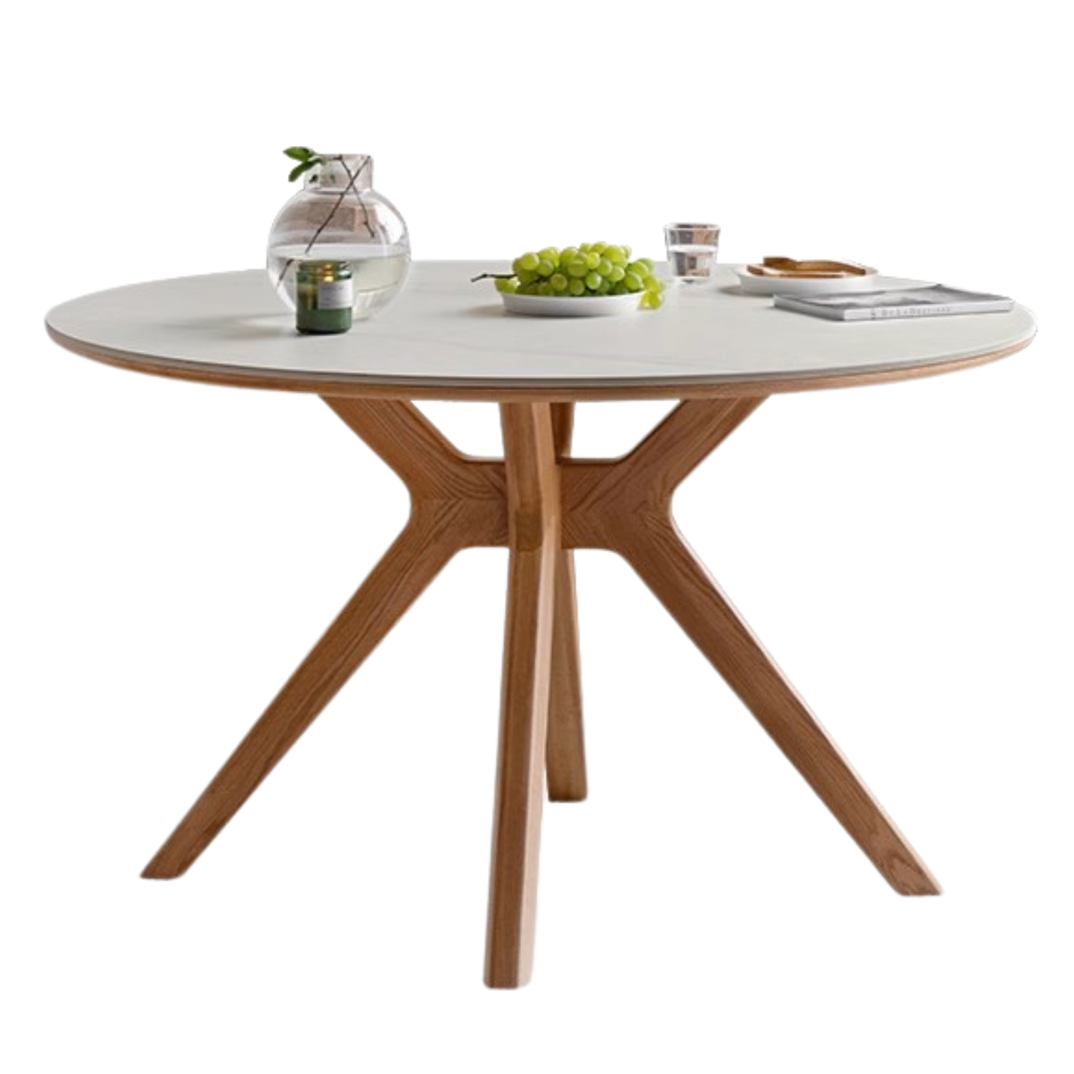 Solid Oak Wood Round Nordic Dining Table with Rock Slab Surface - Modern Farmhouse Kitchen & Dining Room Furniture for Family Gatherings