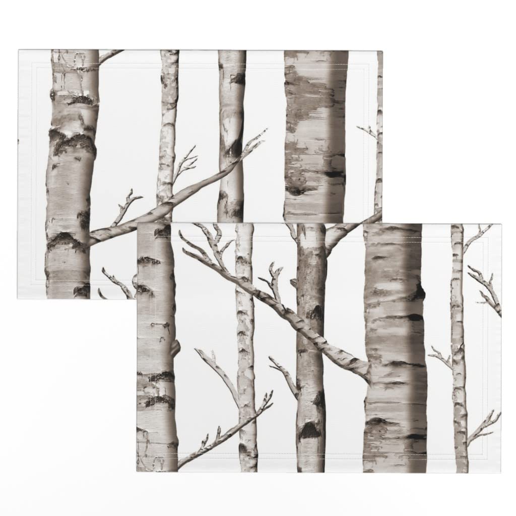 Premium Linen Cotton Canvas Placemats Set of 2 - Woodland Forest Birch Tree Winter Branches Print Table Mats for Dining Room Decor & Holiday Dinner Parties