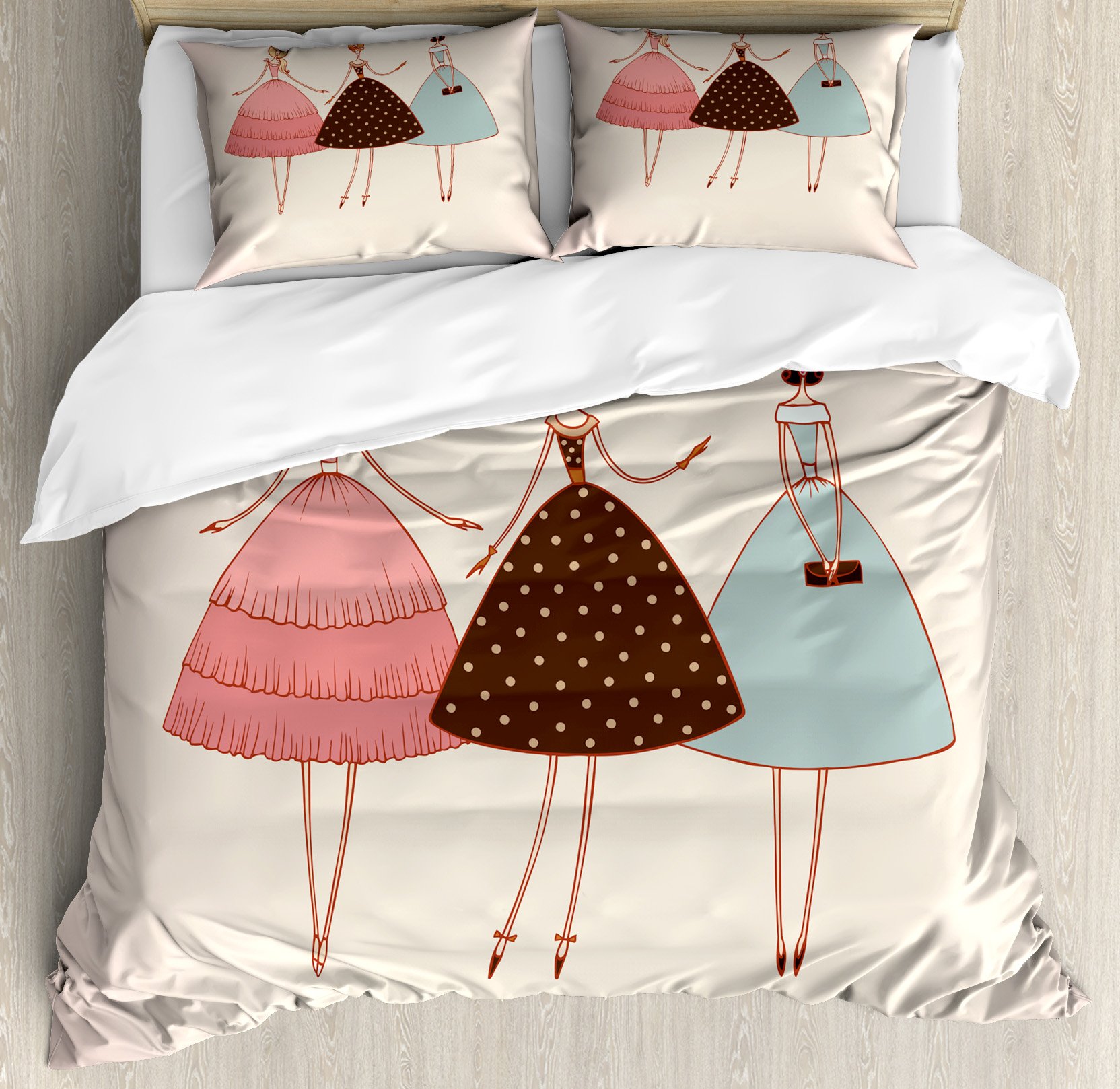 Lunarable Vintage Floral Duvet Cover Set - Queen Size 3-Piece Bedding with 2 Pillow Shams, Romantic Retro Dress Design for Girls Room Decor | Perfect for Boho Chic Bedroom, Guest Room & Dormitory