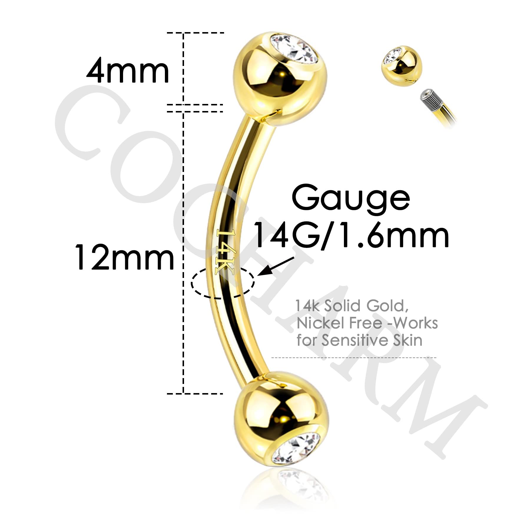 COCHARM 14K Real Gold Belly Button Rings - 16g/14g Short & Long Upper Belly Piercing Jewelry - Cute Rook Barbell for Navel & Belly Button Piercing - Perfect for Everyday Wear & Special Occasions
