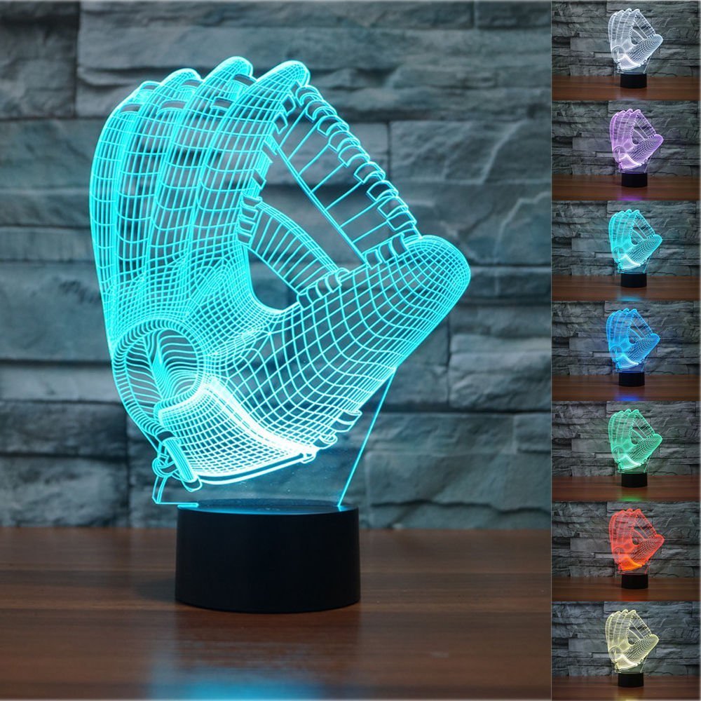 3D Baseball Gloves LED Night Light - 7 Color Changing USB Table Lamp for Kids Room, Bedroom Decor - Perfect Christmas Gift for Baseball Fans & Sports Lovers