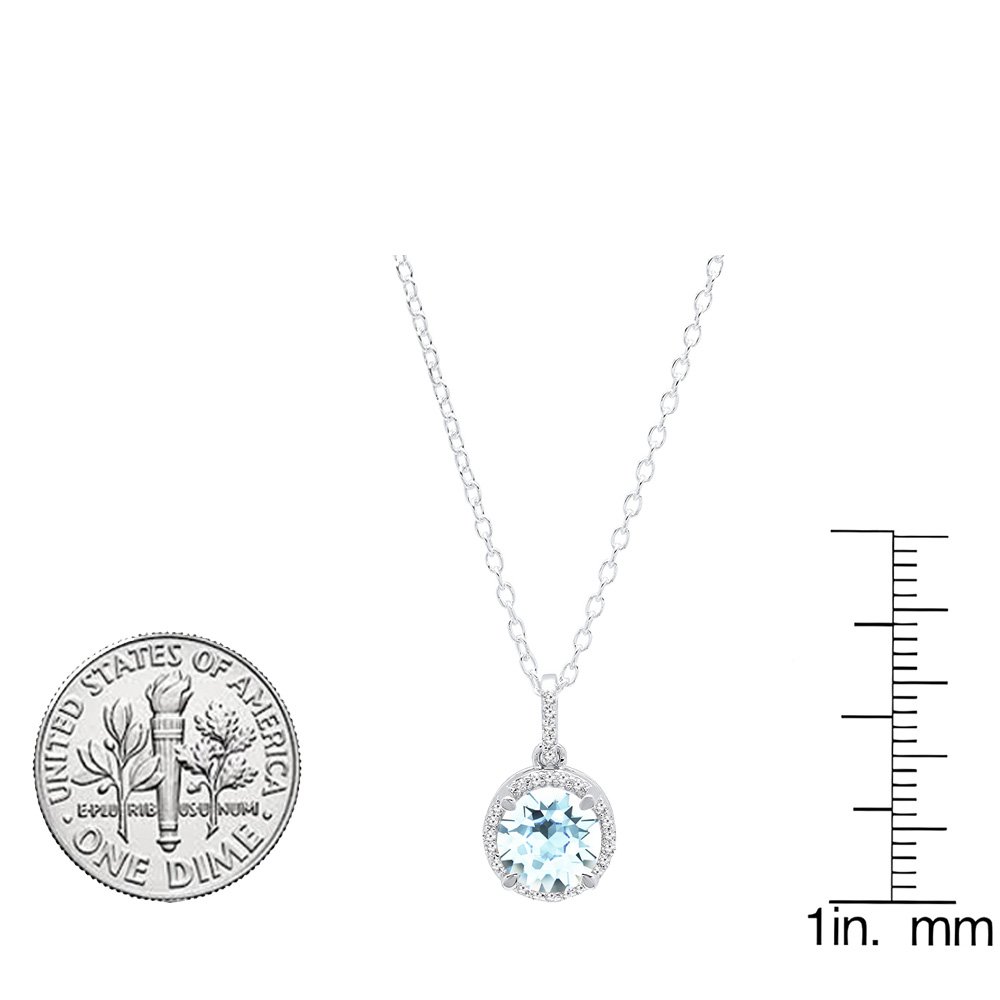 6.5mm Round Gemstone & White Diamond Women's Halo Pendant Necklace - 10K Solid White Gold with Silver Chain | Elegant Jewelry Gift for Anniversary, Birthday & Special Occasions