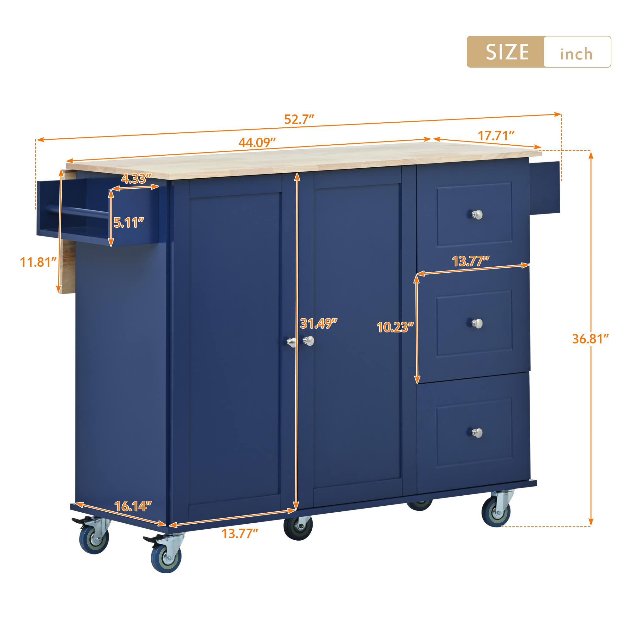 Mobile Kitchen Cart with Wood Top & Drop Leaf Breakfast Bar - 52.7