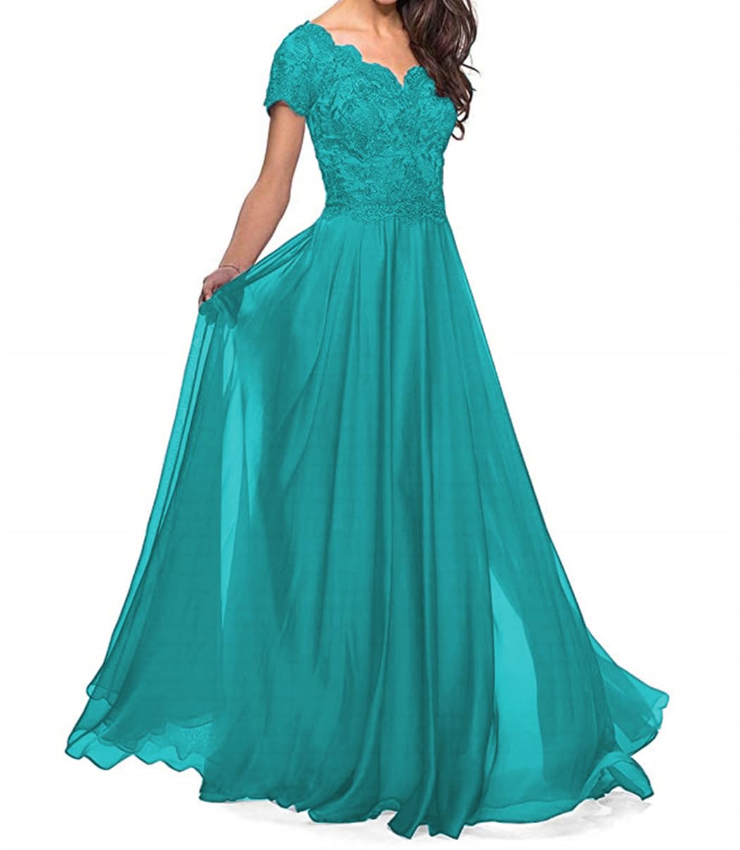 Elegant Long Chiffon A-Line Mother of The Bride Dress with Lace Appliques & Short Sleeves - Wedding Party Gown for Women - Perfect for Formal Ceremonies, Receptions & Special Occasions