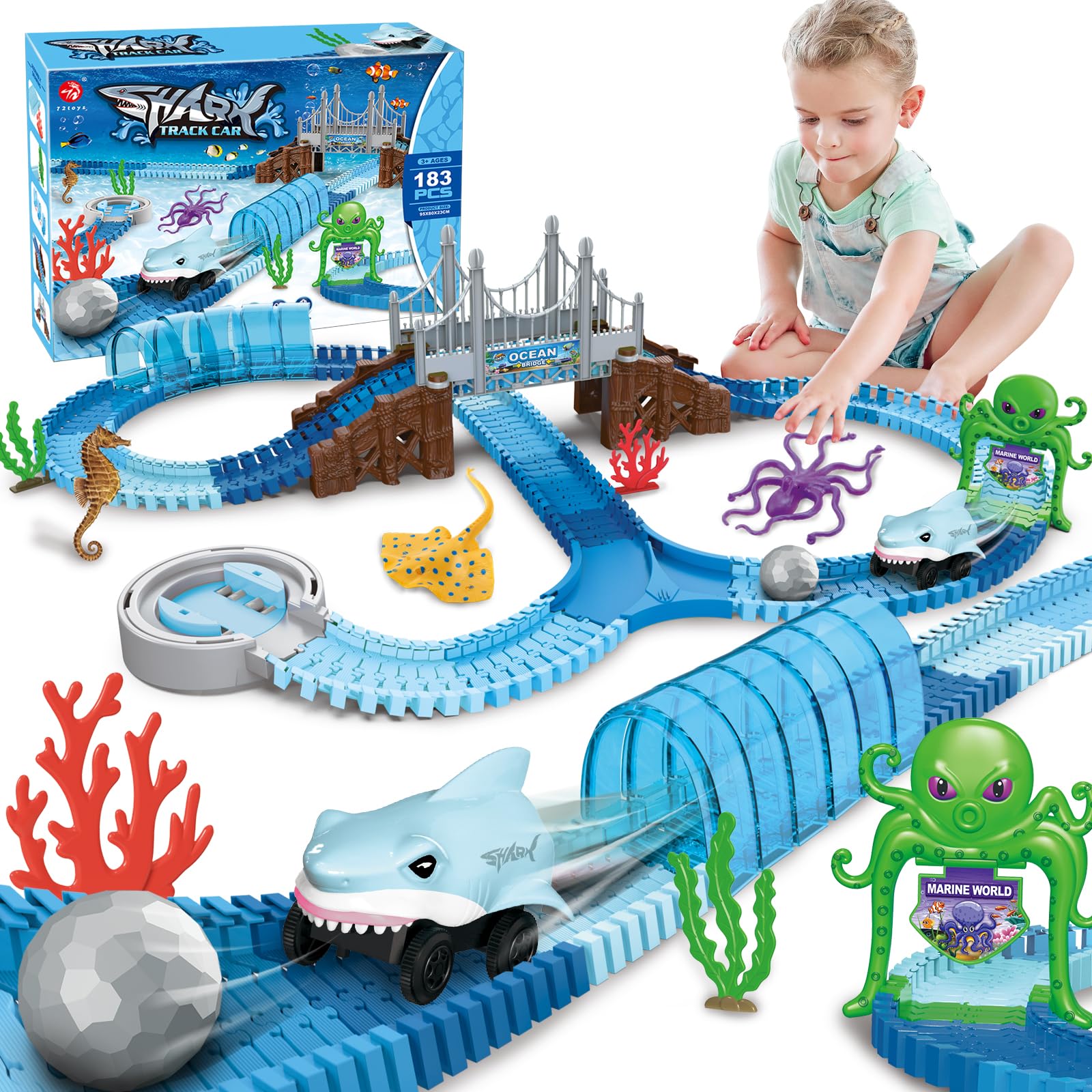 VATOS 183-Piece Shark Race Car Track Set - Flexible Bendable Racetrack with Shark & Ball Toys - STEM Educational Ocean Theme Playset for Boys & Girls Ages 3-9 - Perfect Birthday Gift for Kids Who Love Racing & Marine Adventures