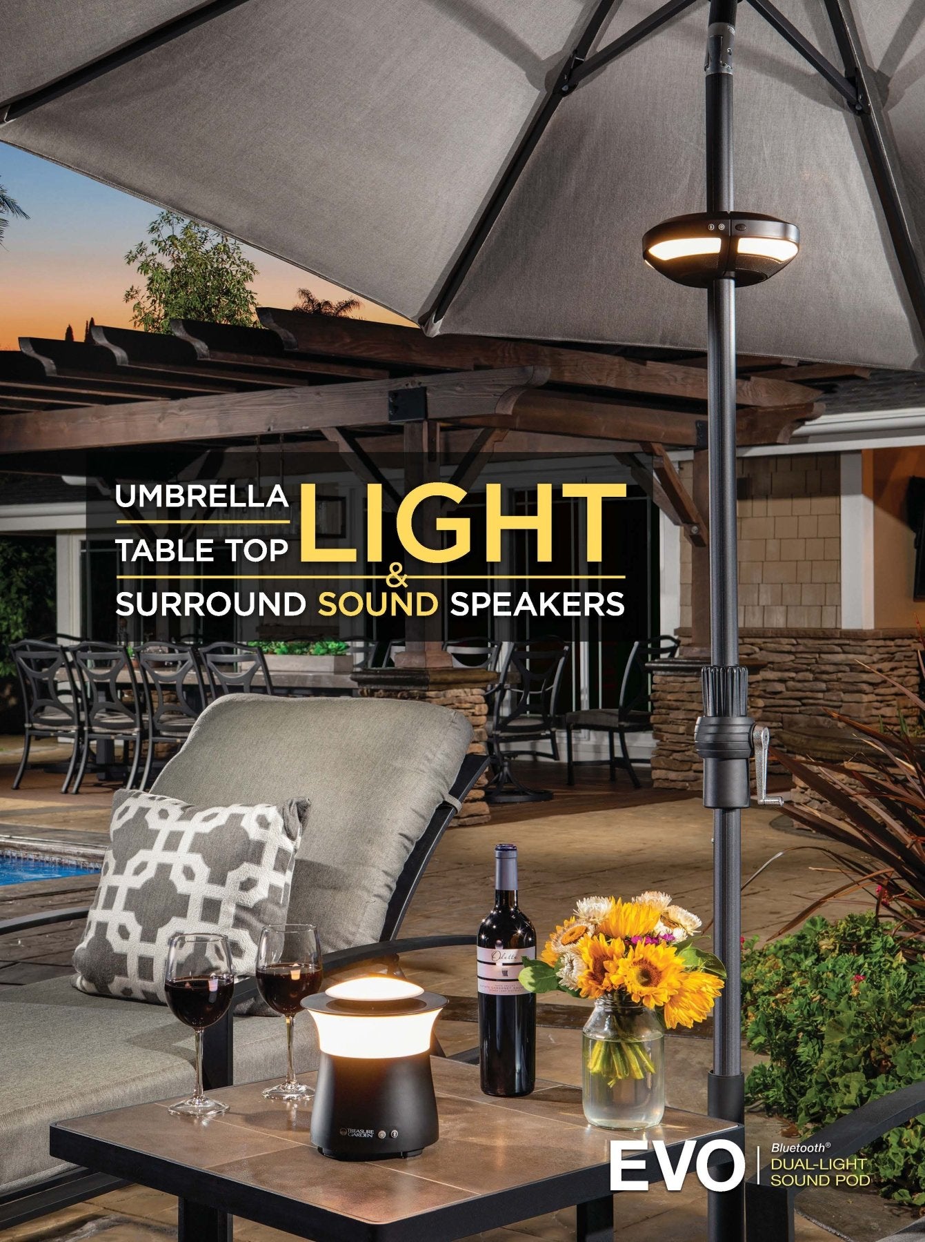 EVO Dual Light Sound Pod with Bluetooth® Speaker - Outdoor Bluetooth Speaker with LED Lights for Patio, Garden, and Pool Parties | Waterproof & Wireless | Treasure Garden