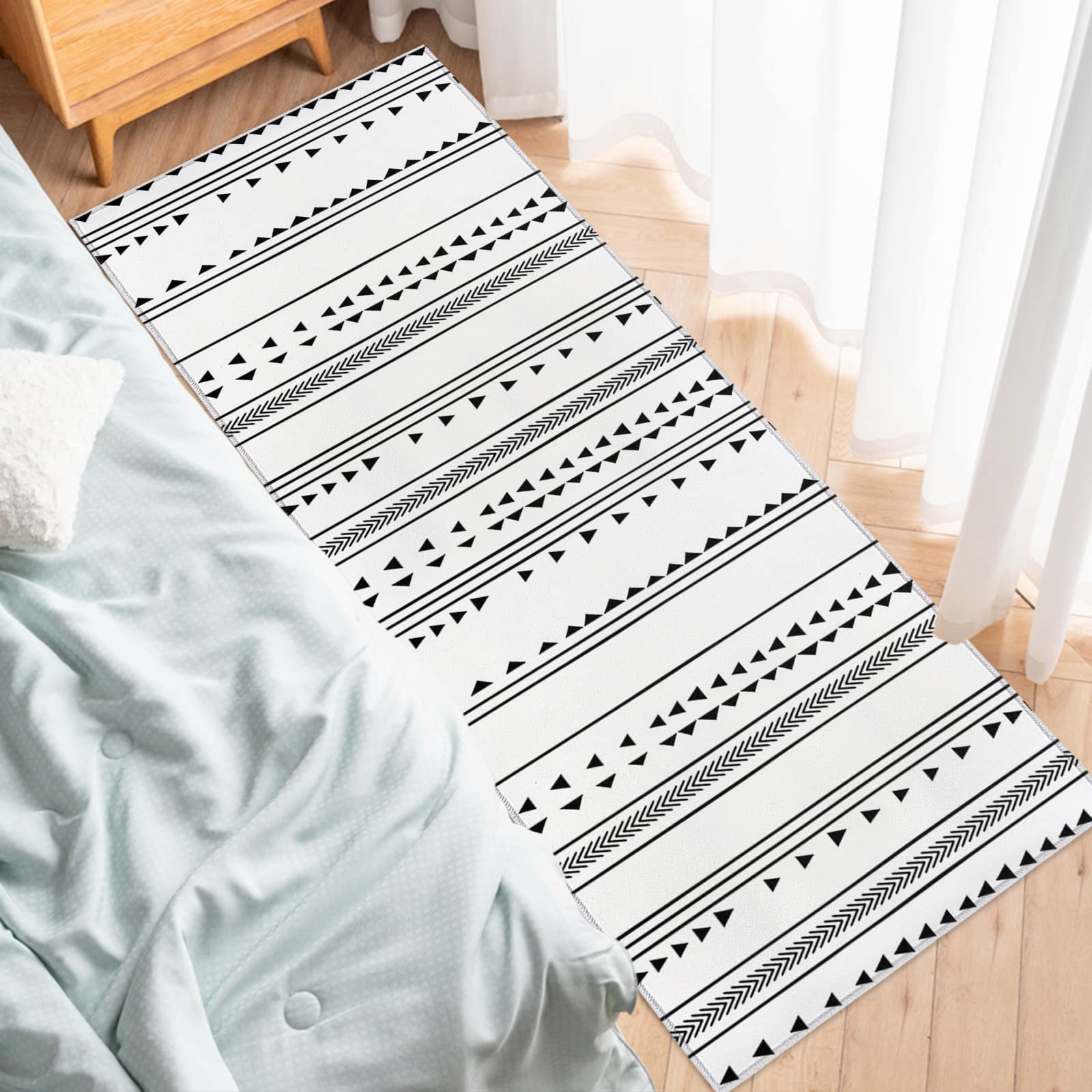 Non-Slip Geometric Boho Kitchen Runner Rug - Black & White Abstract Art Indoor Floor Mat for Hallways, Entryways & Laundry Rooms | Perfect for High-Traffic Areas & Spill-Prone Spaces