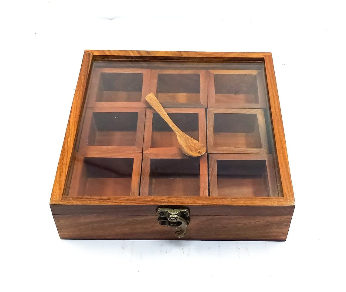 Handmade Wooden Spice Box & Masala Box - Premium Indian Rosewood Dry Fruit Container | Elegant Storage for Spices, Tea, Nuts & Kitchen Essentials | Perfect for Indian Cooking, Gift Giving & Home Decor