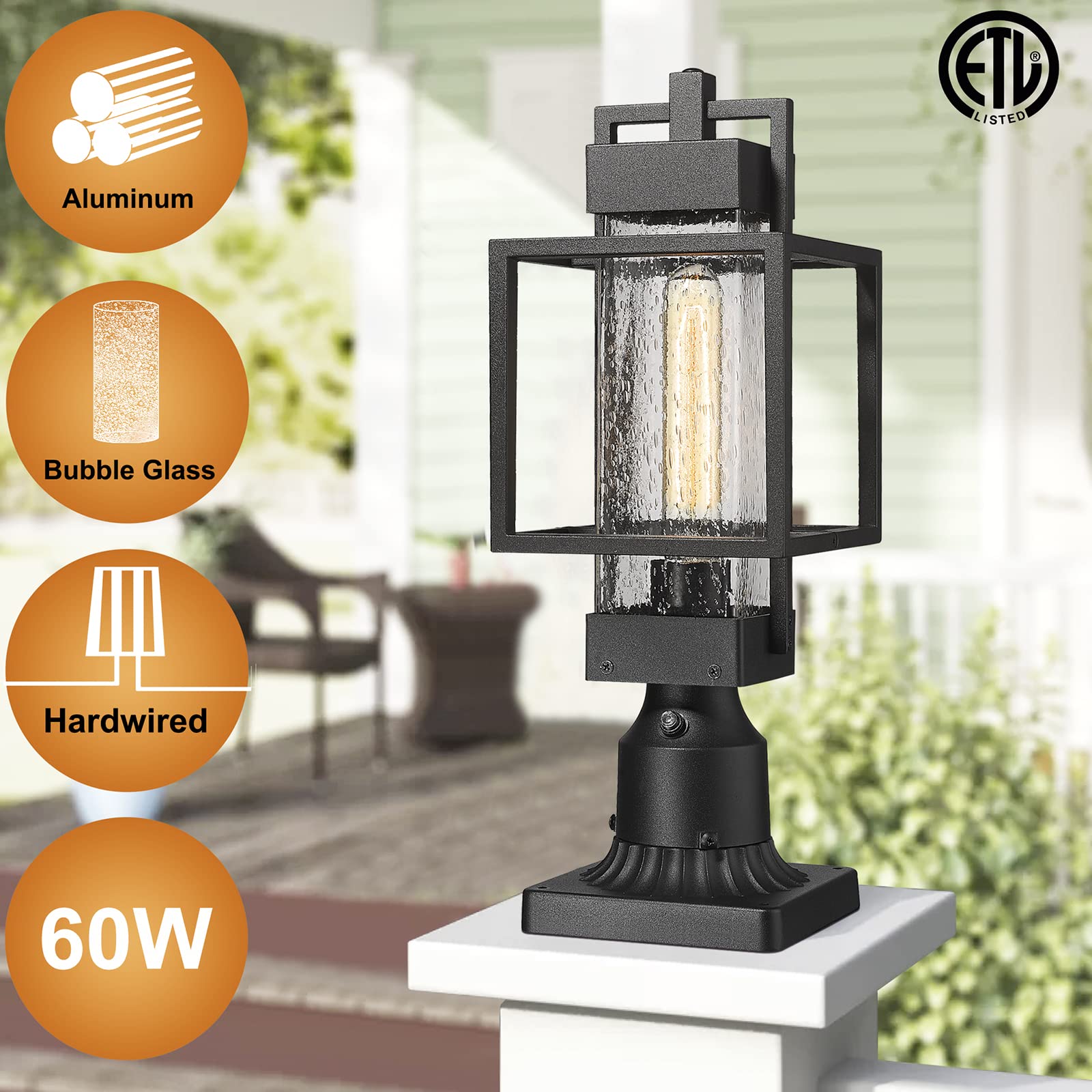 Dusk to Dawn Sensor Outdoor Post Light Fixtures - Waterproof Exterior Pier Mount Lantern with Bubble Glass for Garden, Patio, House - Perfect for Pathway, Driveway, and Landscape Lighting (2375/1GS-SBK)