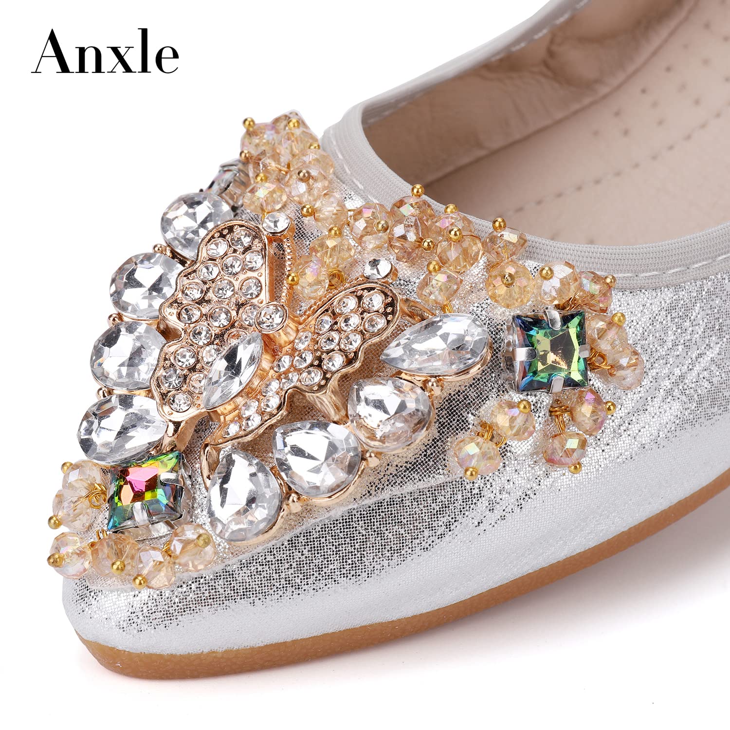 Women's Foldable Ballet Flats with Rhinestones - Comfortable Pointed Toe Slip-On Loafers for Work, Walking & Bridal Occasions | Perfect Dress Shoes for Weddings, Office & Travel
