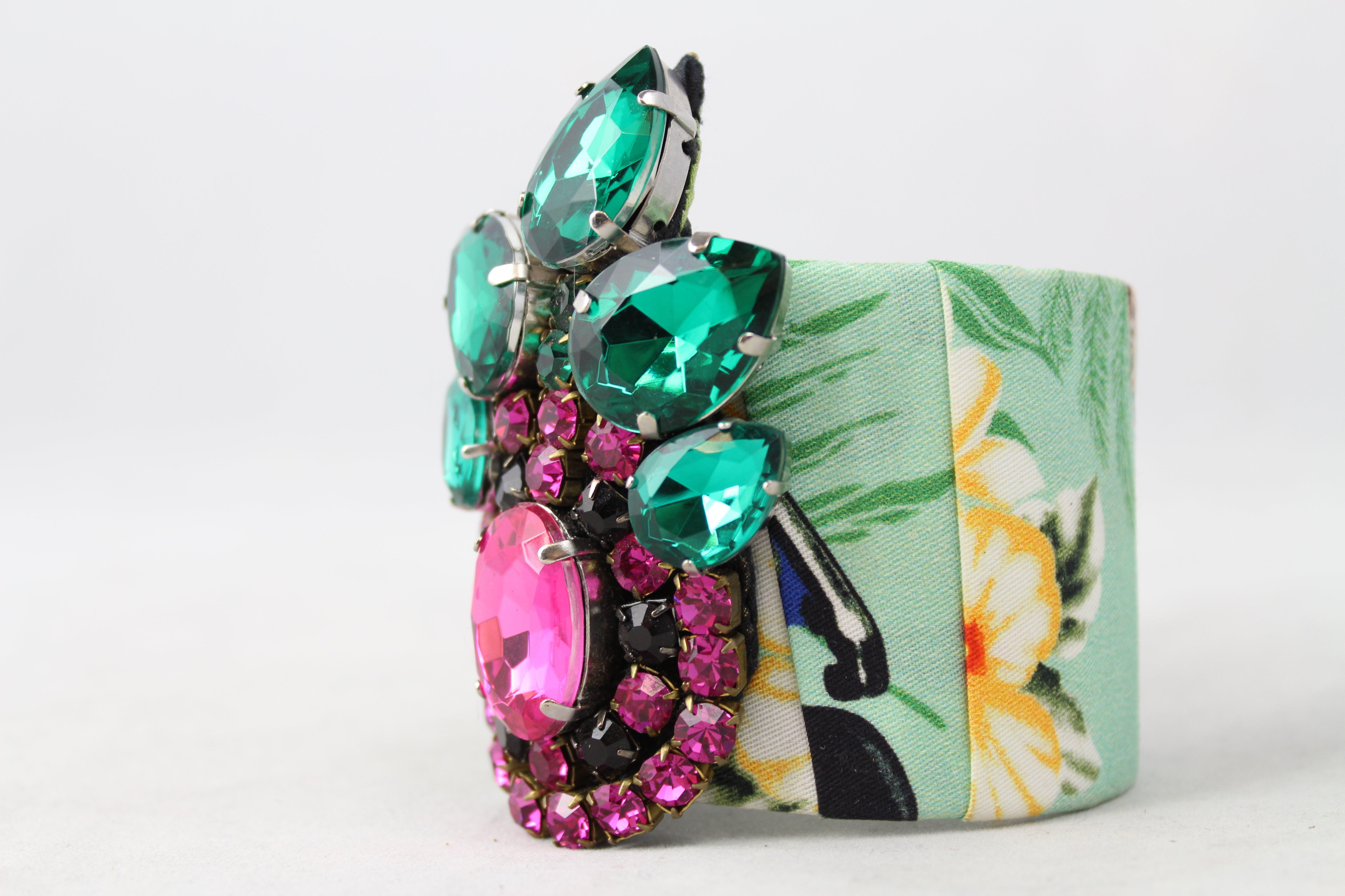 Stella Jean Green Fabric Stiff Bracelet with Stones - Elegant Jewelry for Women, Perfect for Parties, Weddings & Special Occasions